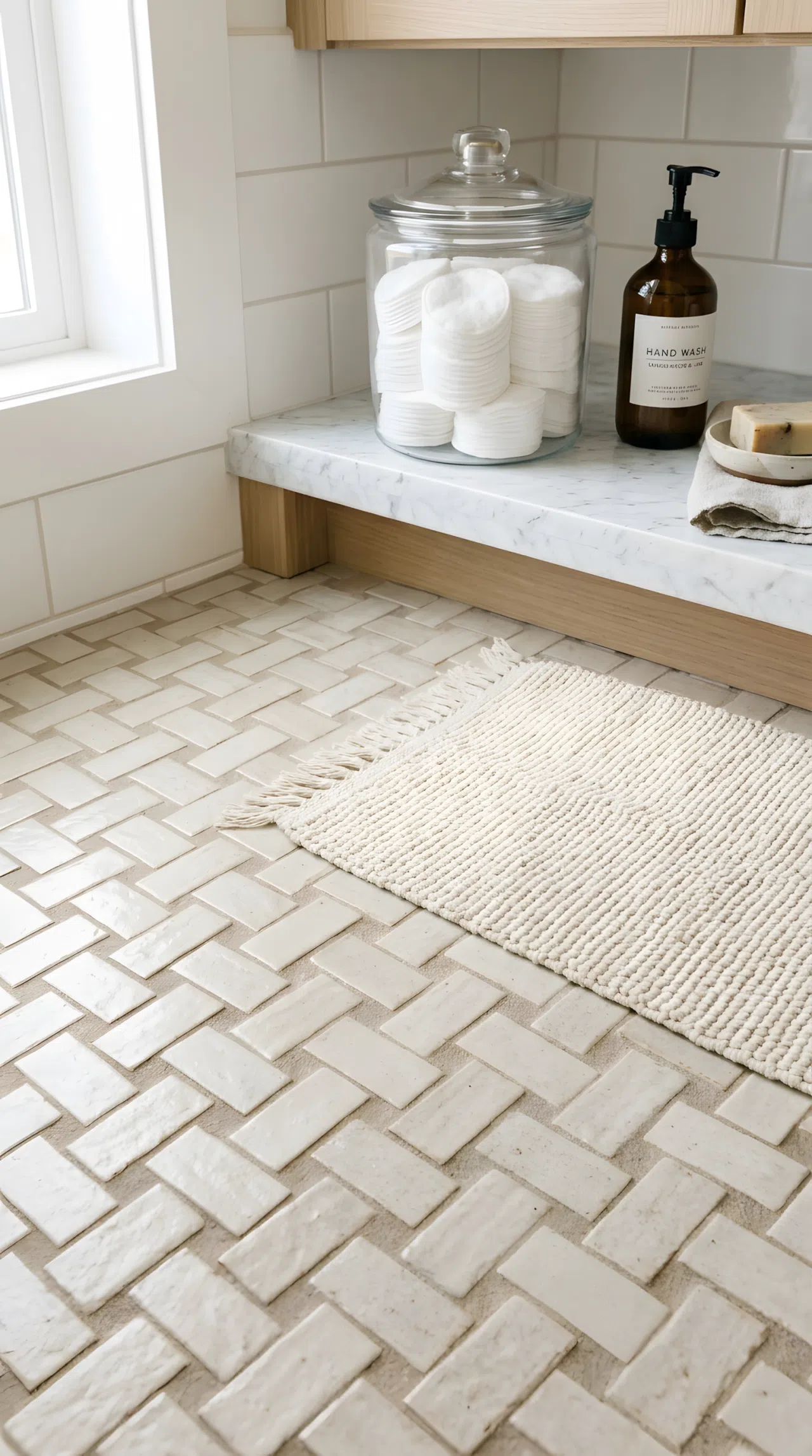 Close-up real-life photo of oatmeal-toned basketweave tile bathroom floor, neatly arranged small bath rug, beautifully organized glass jar with cotton rounds on counter, bright natural light, clean textured detail, photographic style