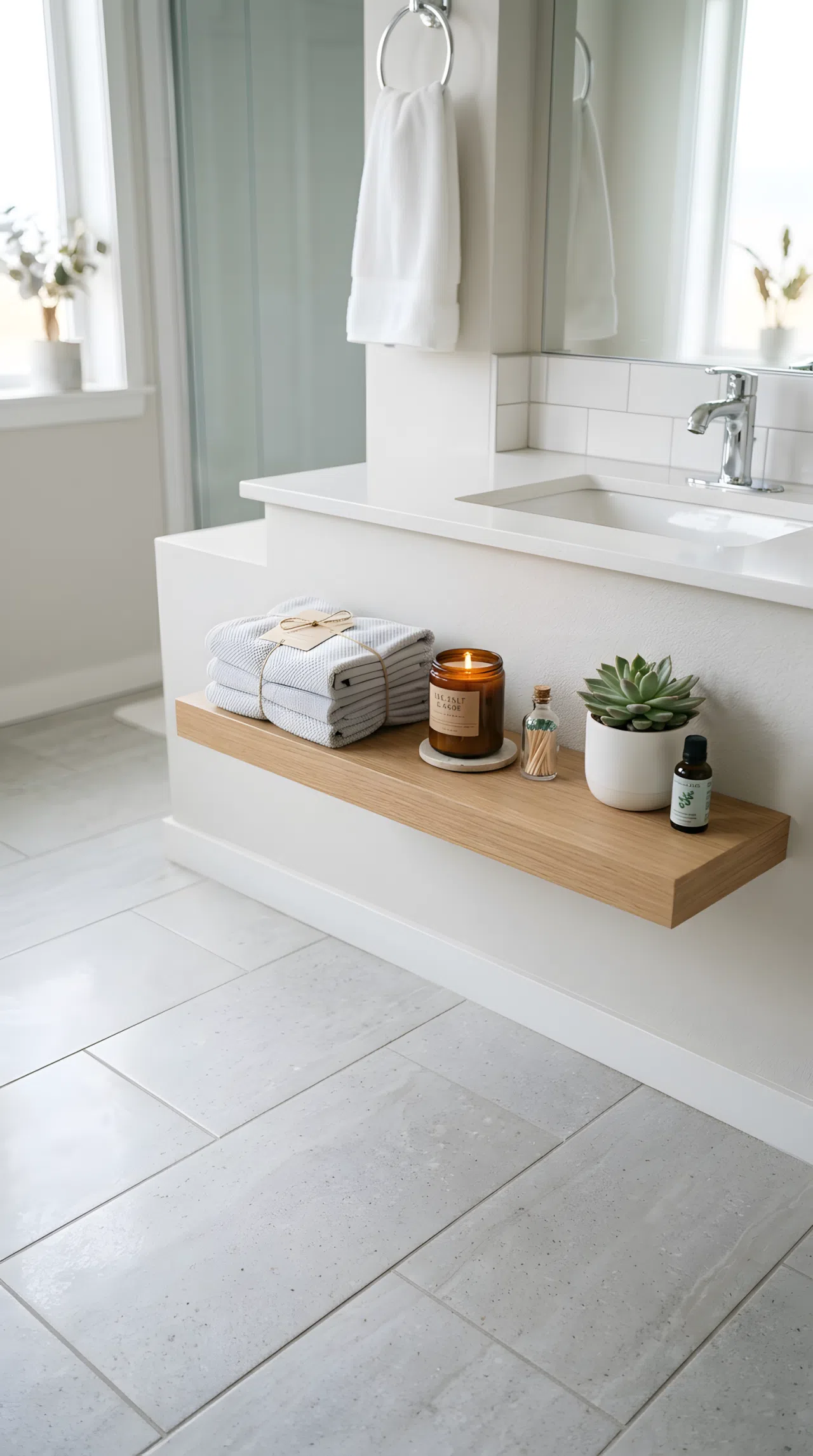 Real-life bathroom photo with pale gray quartz composite floor tile catching subtle light, neatly organized floating shelf, beautifully arranged small candle and folded washcloth, bright natural light, clean polished atmosphere, photographic realism