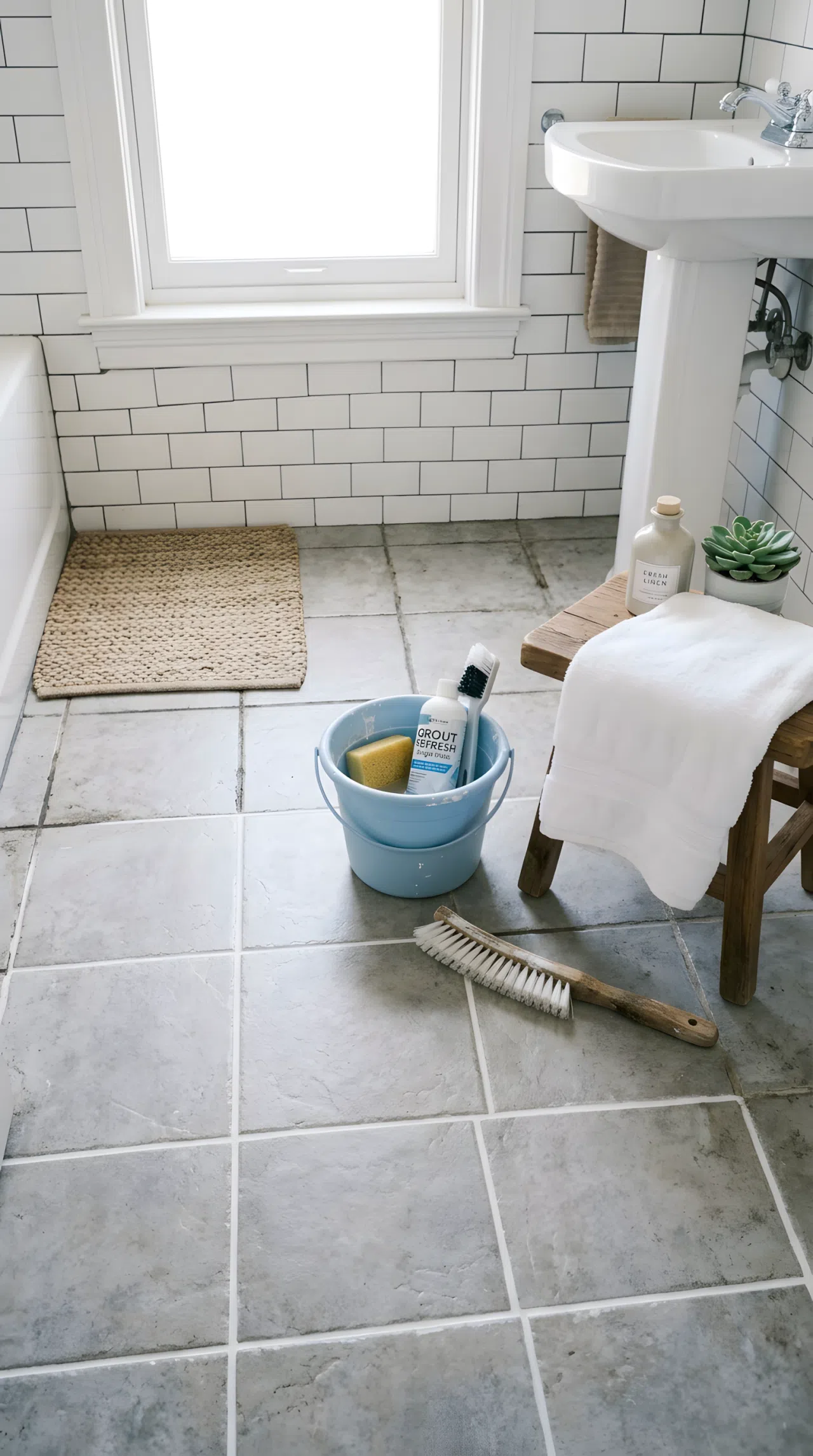 Real-life bathroom photo showing freshly refreshed white grout lines on existing floor tile, neatly organized small bucket and grout brush nearby, beautifully arranged towel, bright natural light, clean before-and-after feel, photographic realism
