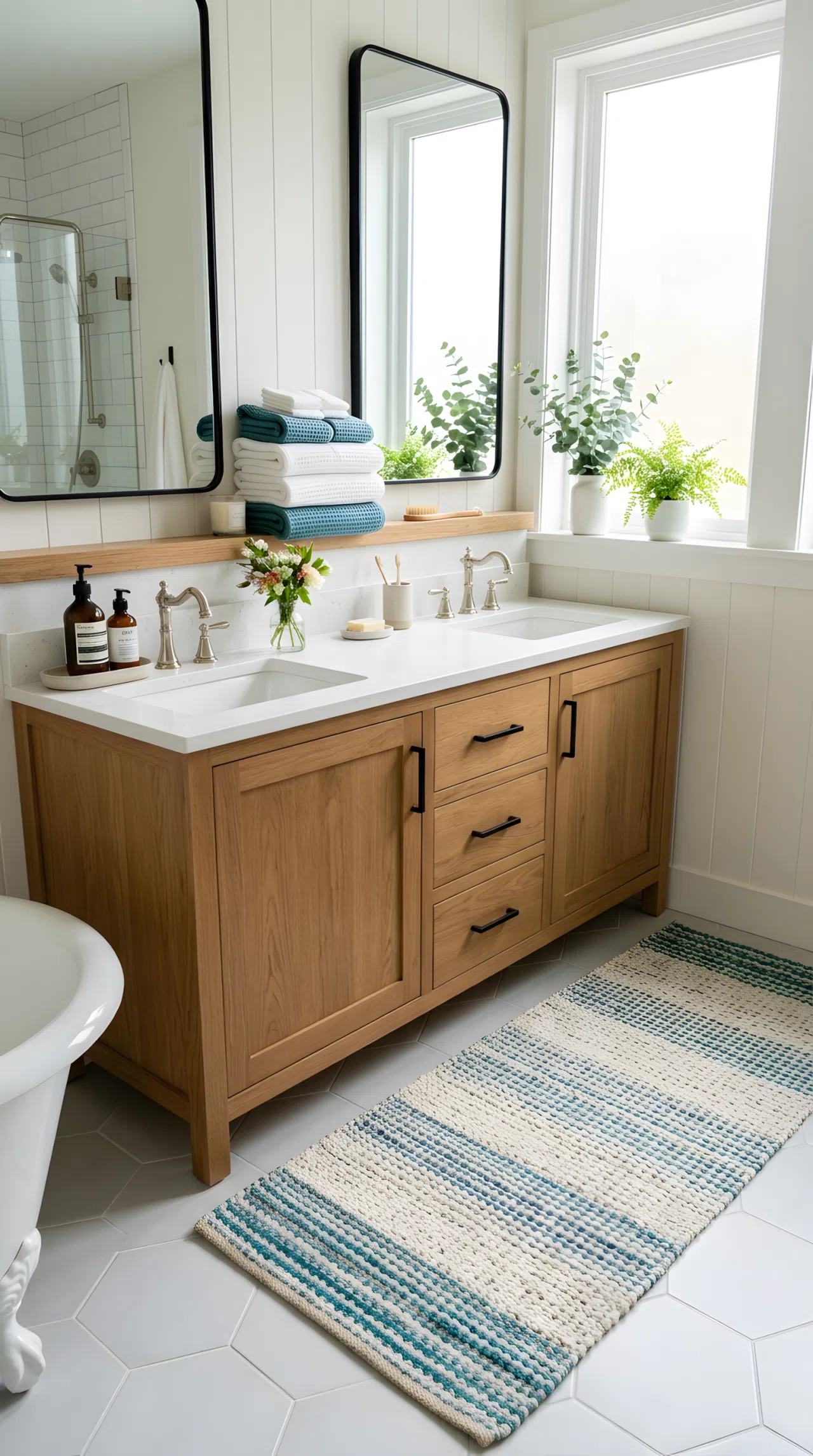 Real-life bathroom photo with soft textured runner rug in front of a double vanity, neatly organized skincare bottles on counter, beautifully arranged folded hand towels, bright natural light, clean vibrant color accent, photographic style