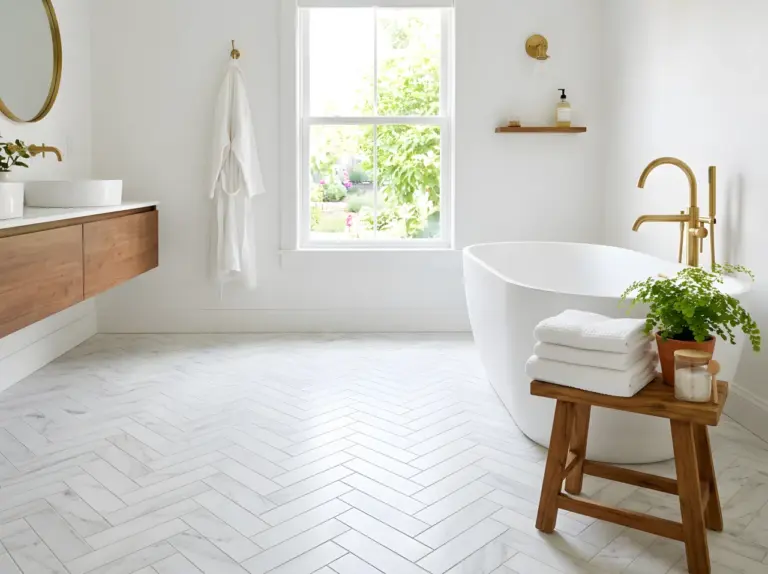 Real-life bathroom photo showcasing a beautifully tiled floor as the focal point, herringbone marble-look tile, neatly made freestanding tub, beautifully arranged folded towels and small potted plant, organized brass fixtures, bright natural light streaming through a large window, clean and vibrant Pinterest-ready styling, photographic realism, no text, no people