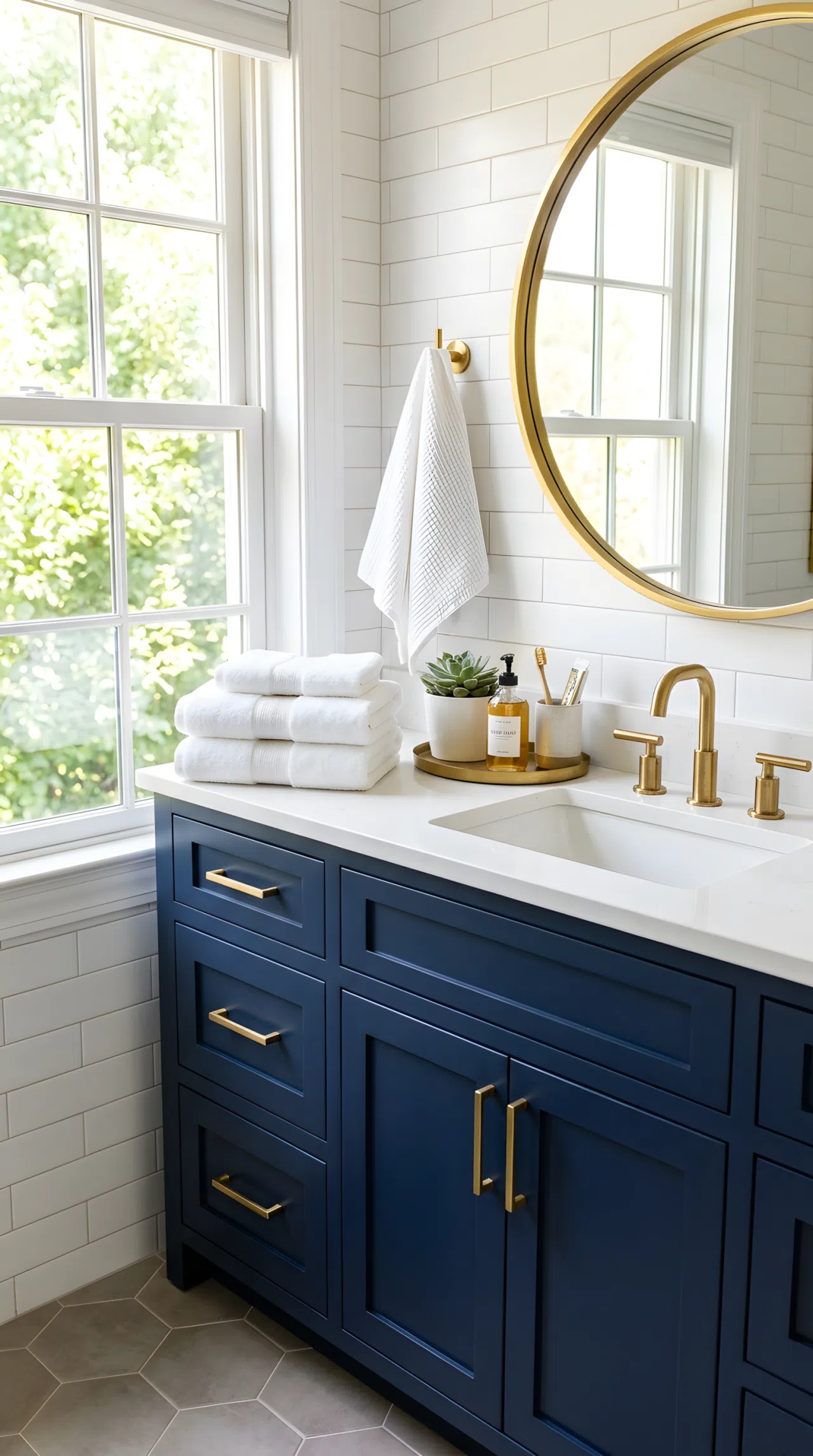 A real-life bathroom photo of a navy blue vanity (RGB 28,43,74) with polished brass drawer pulls and a brass faucet, neatly made with folded white towels stacked beside an undermount sink, beautifully arranged countertop, organized, clean, bright natural light streaming through a nearby window, vibrant colors, shot in photographic stock-photo style.