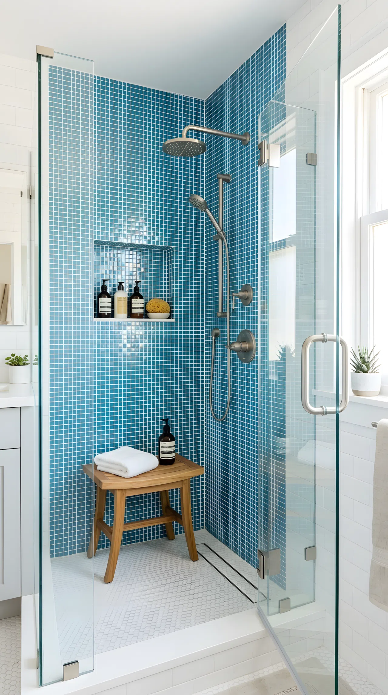 A real-life walk-in shower photo with coastal blue glass mosaic tile (RGB 70,130,160), frameless glass door, white grout, a teak shower stool neatly placed inside, organized, clean, beautifully arranged, bright natural light reflecting off the tile, vibrant colors, photographic stock-photo style.
