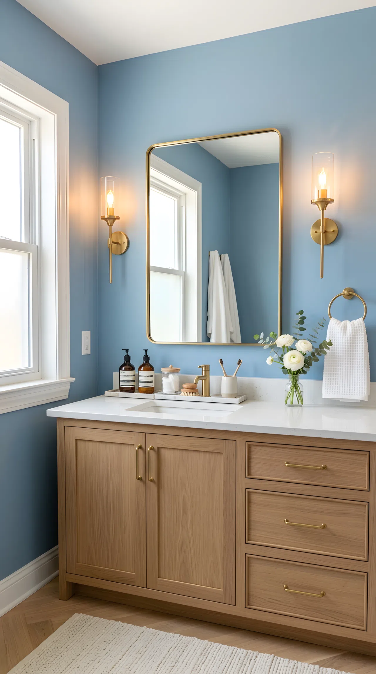 A real-life bathroom vanity photo with soft blue walls (RGB 100,149,180) lit by two warm brass wall sconces mounted at eye level on either side of the mirror, light falling evenly and softly across the mirror surface, neatly made counter, beautifully arranged, organized, clean, bright natural light blending with warm sconce glow, vibrant tones, photographic stock-photo style.