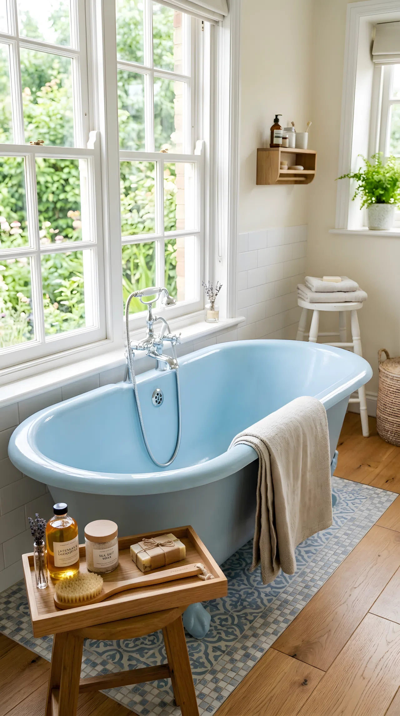 A real-life bathroom photo of a light blue vintage clawfoot tub (RGB 173,205,224) near a large window, a folded linen throw draped neatly over the tub edge, a simple wooden tray with bath oils beautifully arranged beside it, organized, clean, bright natural light, vibrant blue tones, photographic stock-photo style.