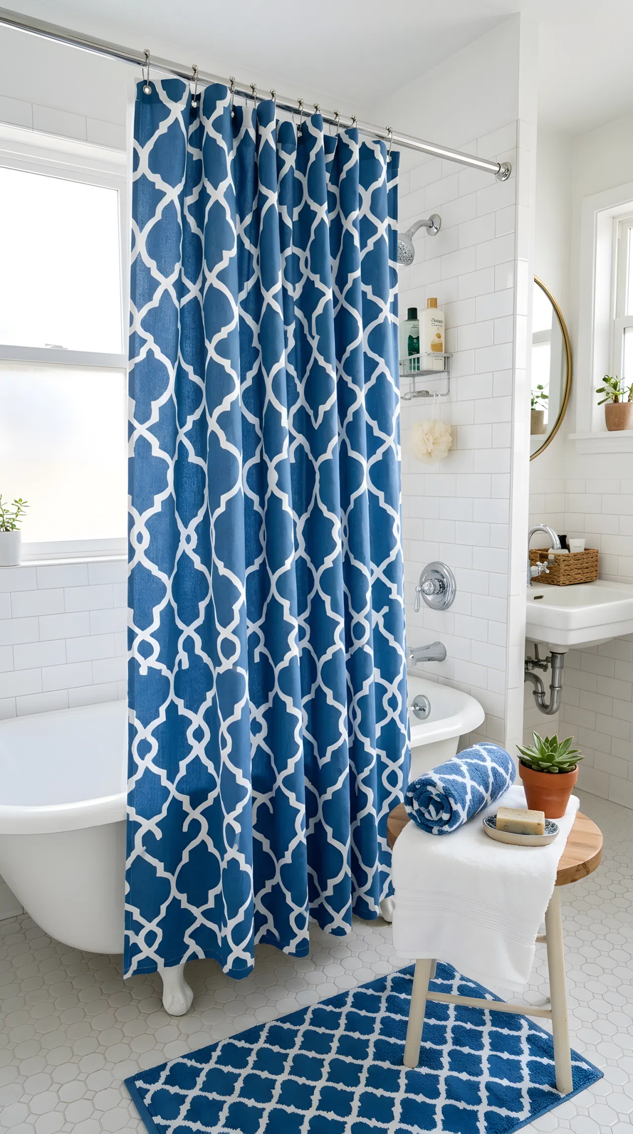 A real-life bathroom photo of a blue and white patterned shower curtain (RGB 70,110,160) hanging neatly, a matching bath mat and rolled towel beautifully arranged nearby, organized, clean, bright natural light, vibrant colors, photographic stock-photo style.