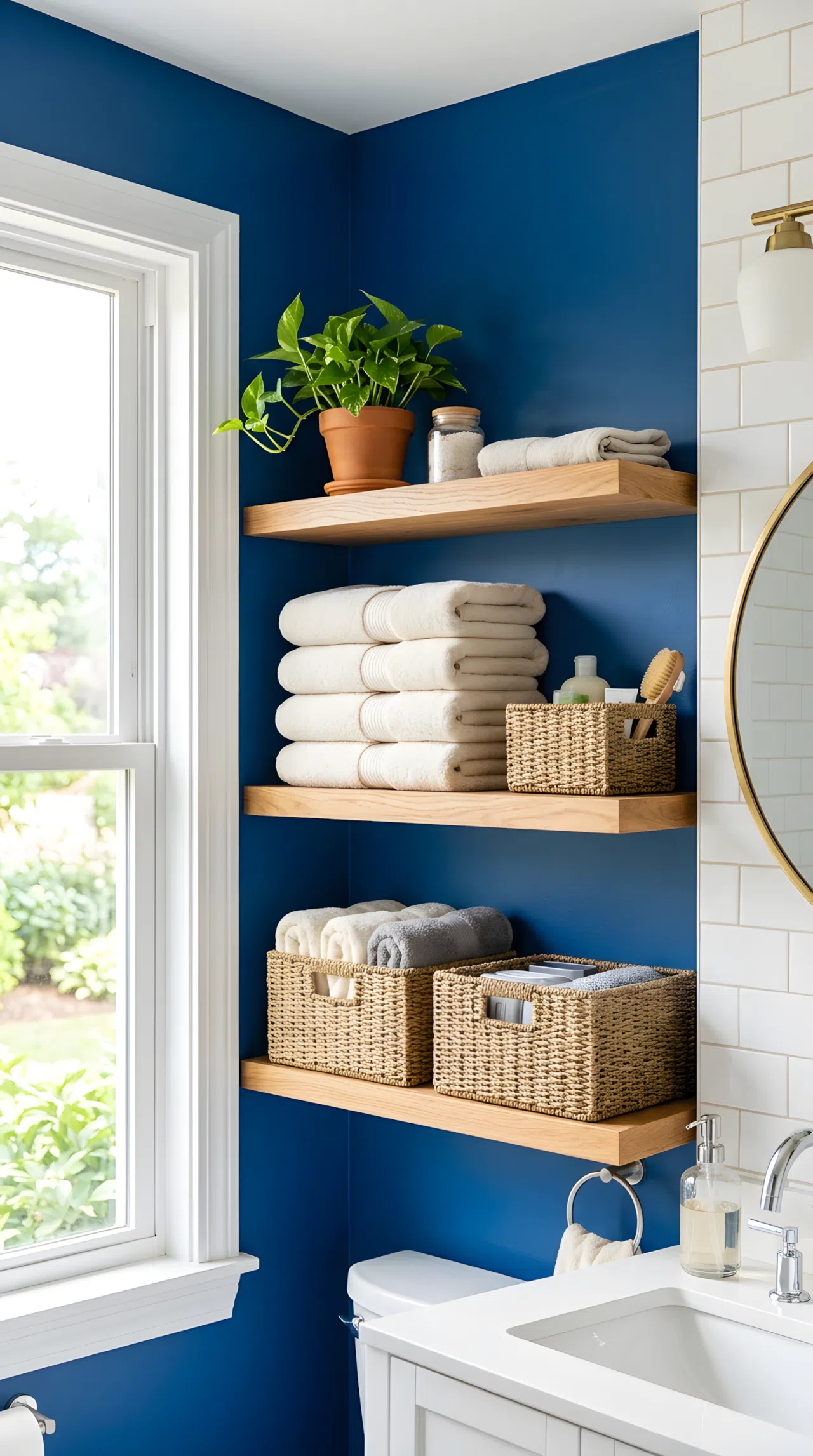 A real-life bathroom photo of open wood shelving against a bold blue wall (RGB 30,80,140), neatly stacked matching towels and woven baskets beautifully arranged on the shelves, one small potted plant, organized, clean, bright natural light, vibrant color, photographic stock-photo style.
