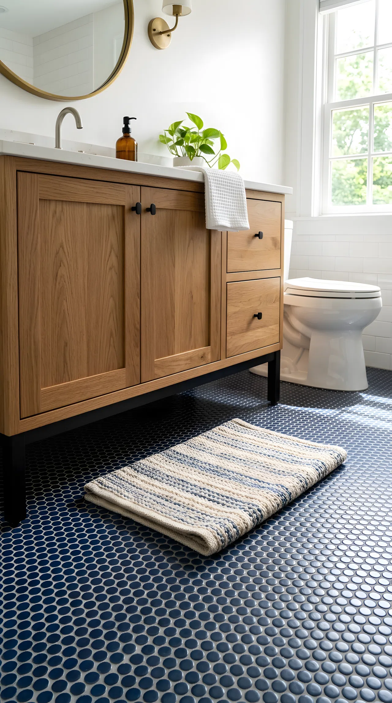 A real-life bathroom photo of navy blue penny tile flooring (RGB 25,40,70) beneath a white wall and wood vanity, a neatly folded woven bath mat placed on the floor, beautifully arranged, organized, clean, bright natural light highlighting the tile texture, vibrant colors, photographic stock-photo style.