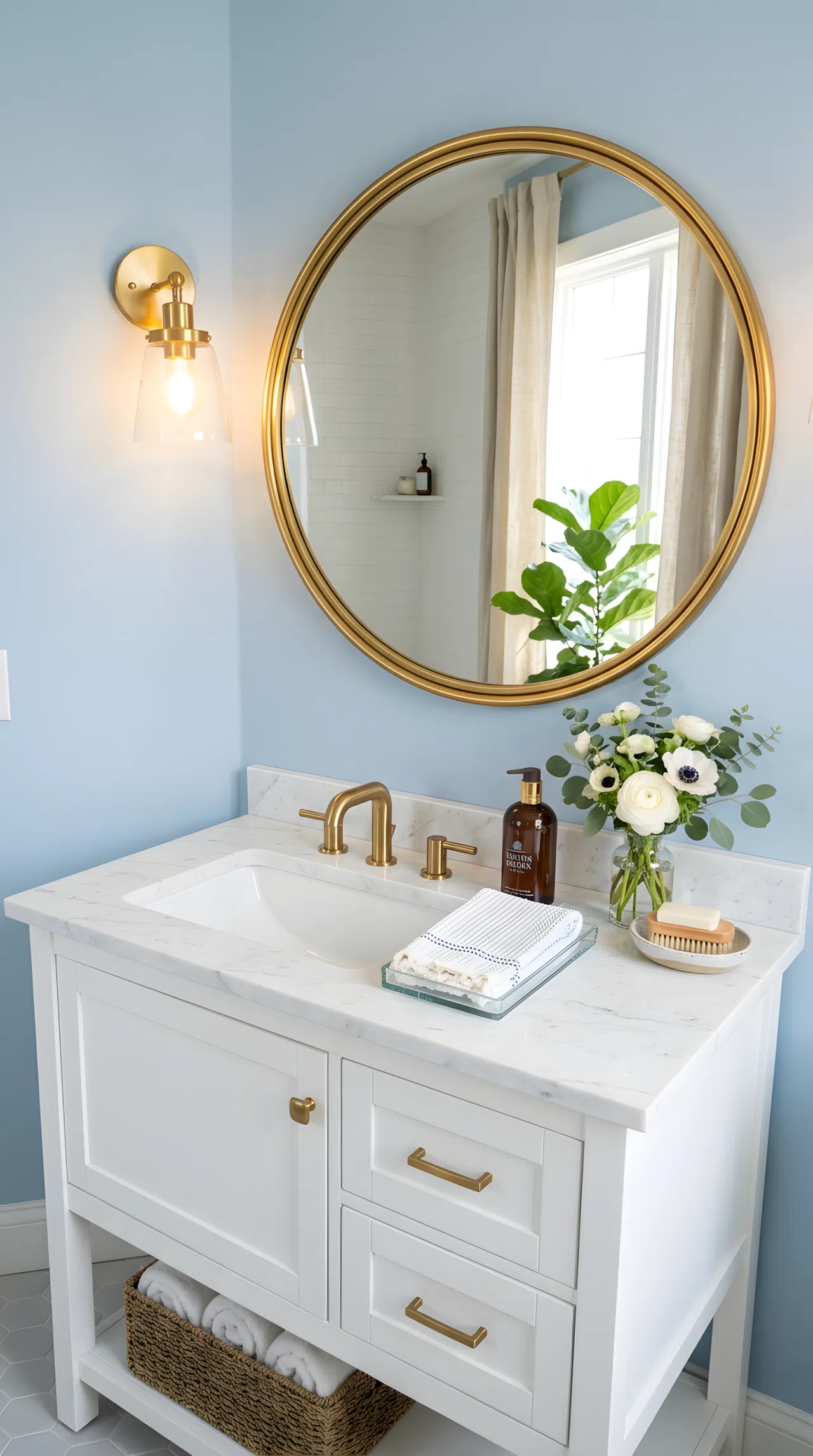 A real-life bathroom photo of a round brass-framed mirror mounted high on a powder blue wall (RGB 176,205,224), one brass wall sconce beside it casting soft flattering light, neatly made vanity below, beautifully arranged, organized, clean, bright natural light, vibrant tones, photographic stock-photo style.