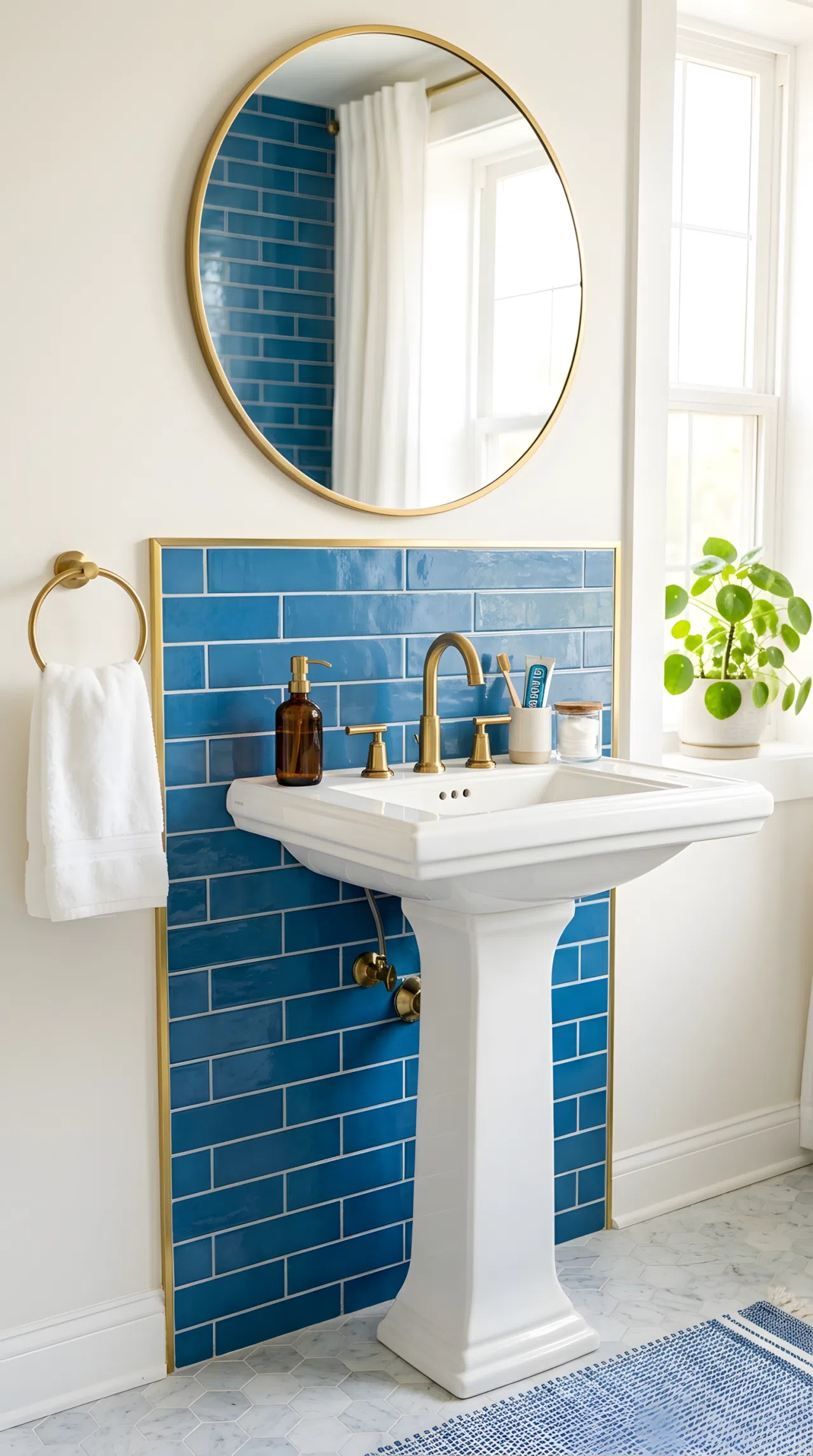 A real-life bathroom photo of a blue subway tile backsplash (RGB 60,110,160) behind a white pedestal sink, thin brass edge trim, neatly made, beautifully arranged, organized, clean, bright natural light, vibrant color, photographic stock-photo style.