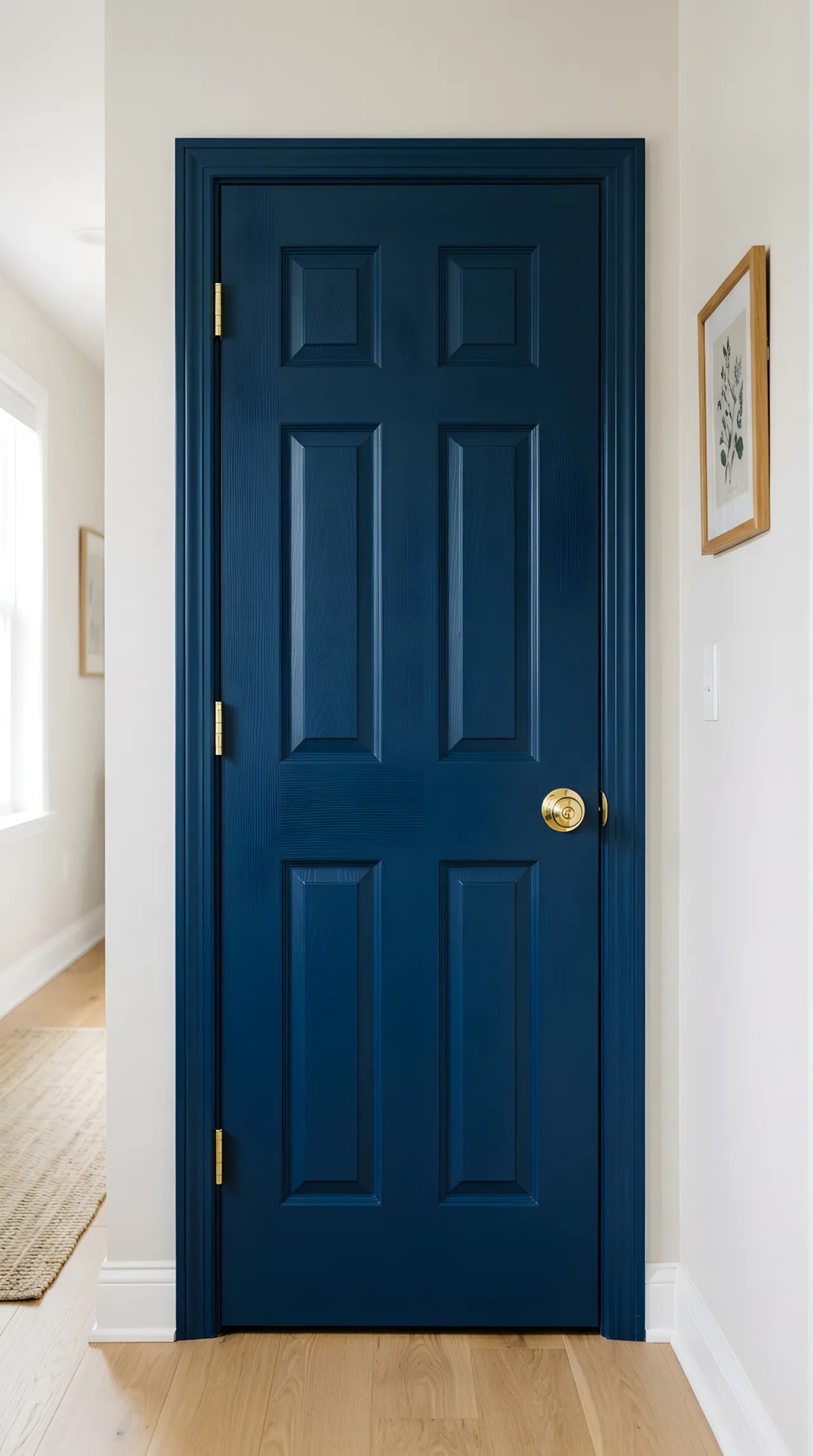 A real-life photo of a deep blue painted bathroom door (RGB 25,50,90) with a polished brass doorknob and hinges, set against a neutral hallway wall, neatly finished, beautifully arranged, organized, clean, bright natural light, vibrant color, photographic stock-photo style.