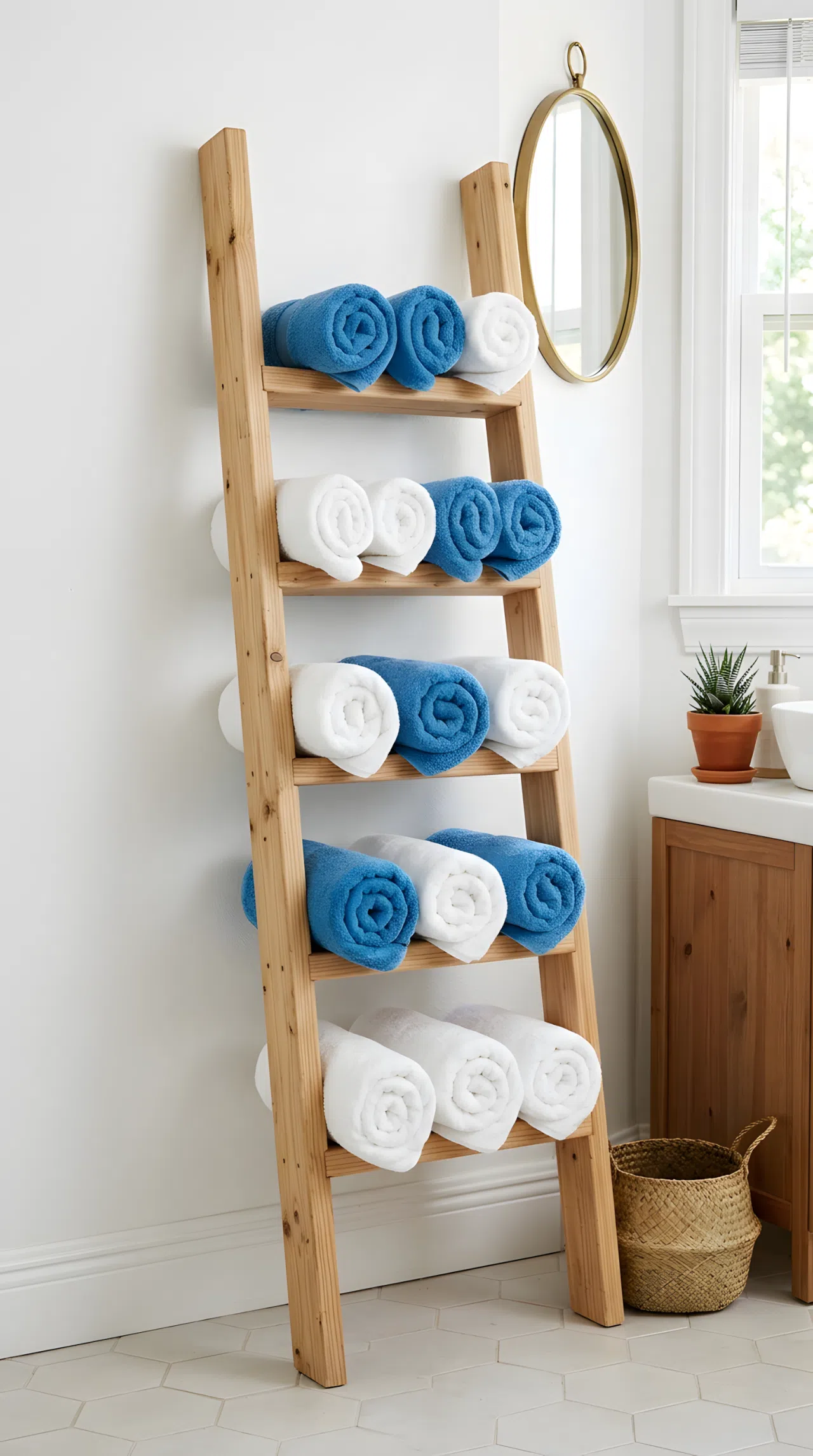 A real-life bathroom photo of a wooden ladder towel rack leaning against a white wall, rolled blue and white towels (RGB 70,120,170) neatly arranged on each rung, organized, clean, beautifully arranged, bright natural light, vibrant color, photographic stock-photo style.