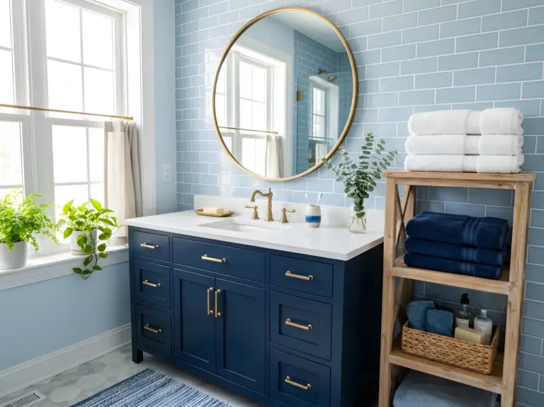 A real-life bathroom photo capturing an overall blue bathroom aesthetic, featuring a deep navy vanity (RGB 28,43,74) with polished brass hardware, a light blue tiled wall in the background, neatly folded white and blue towels beautifully arranged on an open shelf, a round brass-framed mirror reflecting soft light, organized, clean, bright natural light streaming through a nearby window, vibrant blue tones throughout, shot in photographic stock-photo style, Pinterest-ready composition.