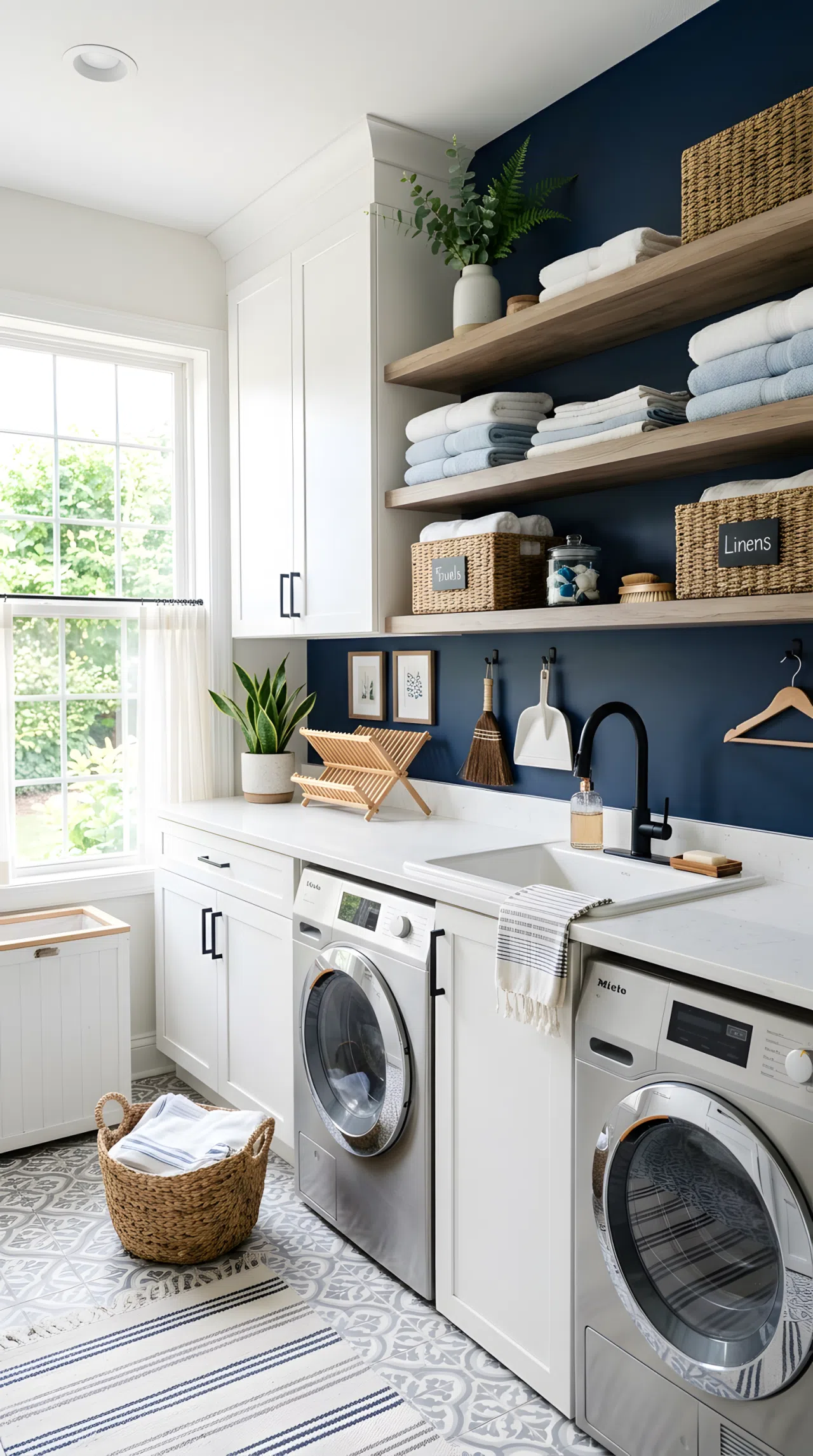 A tidy home laundry room with a deep navy blue accent wall (#1B2A4A) and white shaker cabinets, open driftwood-toned wooden shelves neatly arranged with folded linens, woven storage baskets, beautifully arranged, organized, clean, bright natural light, real-life candid photography, not 3D render, vibrant color accents, Pinterest-style stock photo
