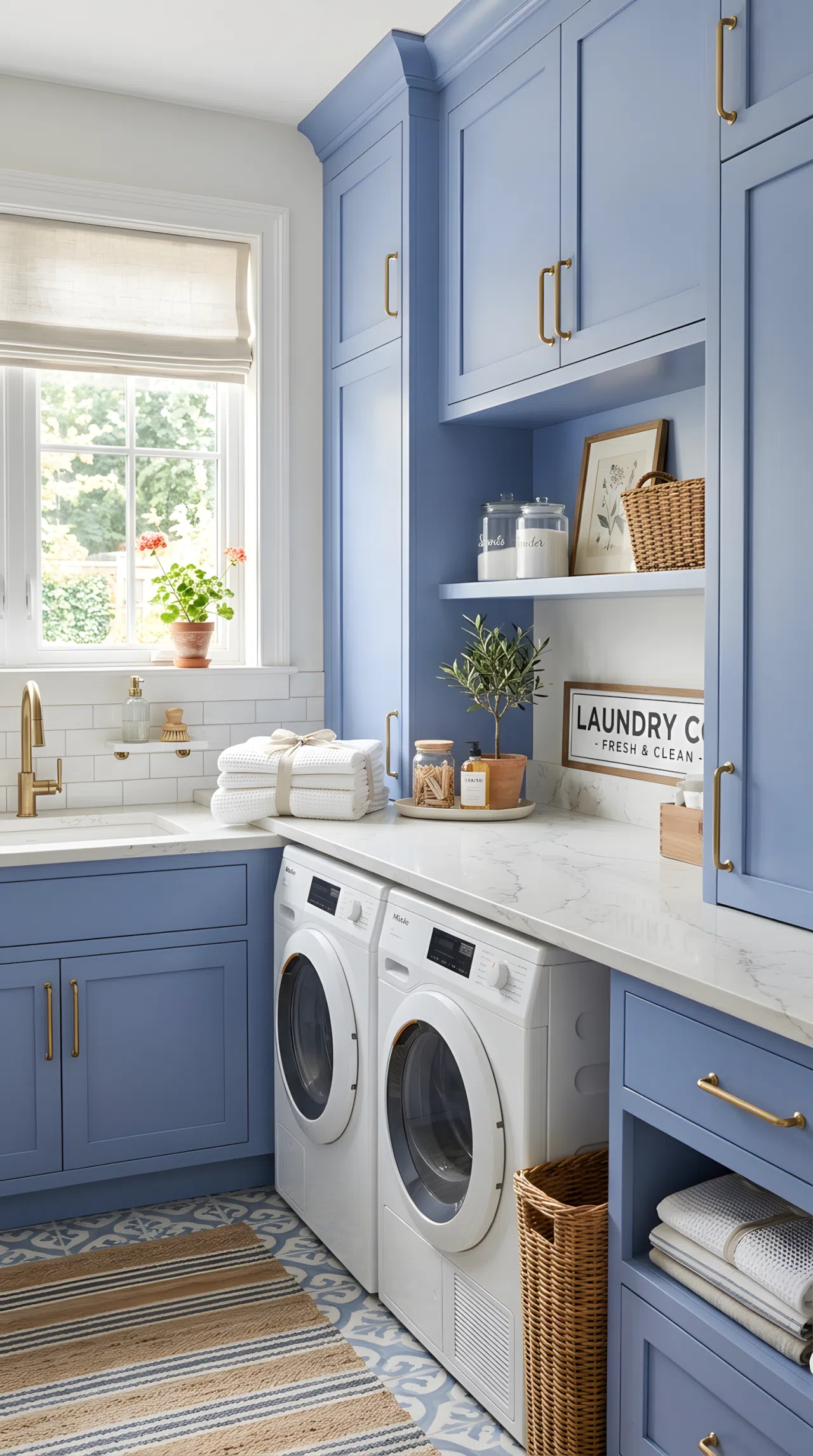 A boutique-style laundry room with periwinkle blue cabinets (#8CA6D9) and brushed brass handles, white marble-look countertop above the washer and dryer neatly styled with folded towels and a small plant, beautifully arranged, organized, clean, bright natural light, real-life photography, not 3D render, vibrant color tones, Pinterest-style stock photo