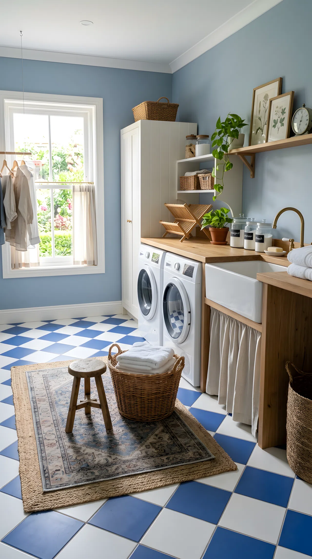 A charming laundry room with blue and white checkerboard tile flooring (#3A5DAE and #FFFFFF), muted soft blue walls, a vintage-style layered rug and a small wooden stool, neatly made, beautifully arranged, organized, clean, bright natural light, real-life photography, not illustration, vibrant tile colors, Pinterest-style stock photo