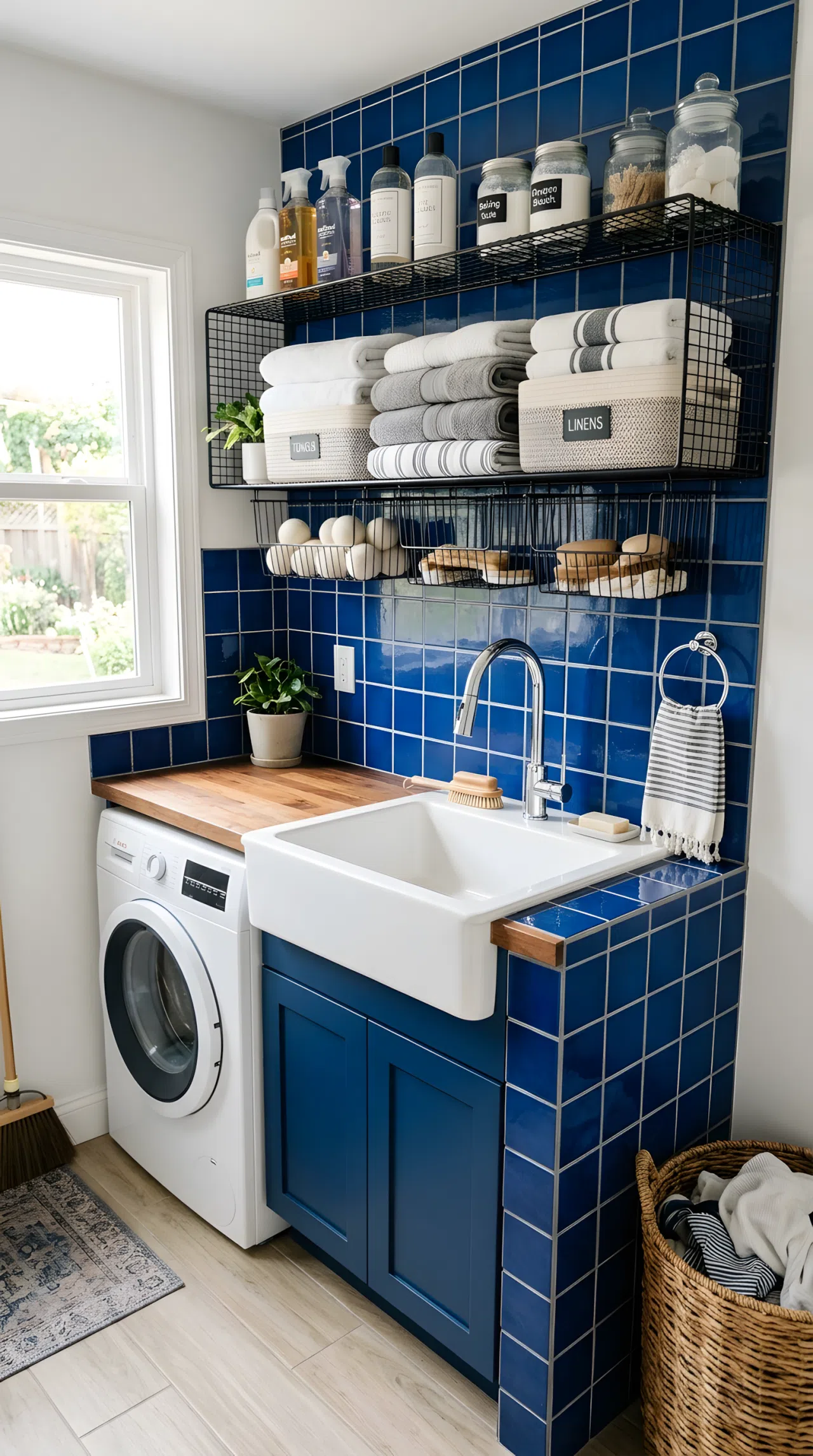 A functional laundry room with a built-in utility sink framed in deep cobalt blue tile (#1E3A73), open wire shelving above holding neatly arranged detergent bottles and folded towels in matching bins, beautifully arranged, organized, clean, bright natural light, real-life photography, not a render, vibrant tile color, Pinterest-style stock photo