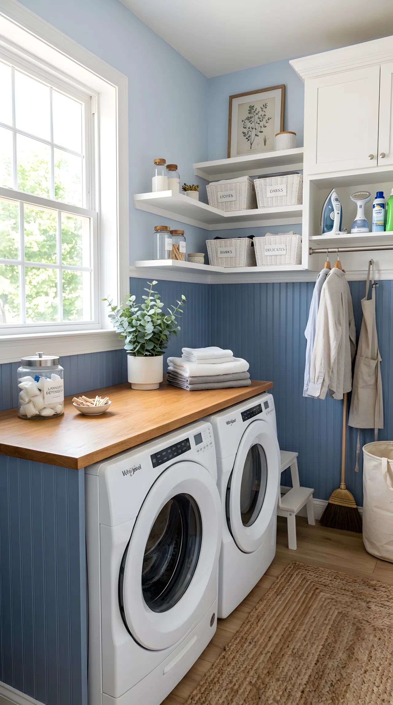 A cozy laundry room with dusty blue beadboard wainscoting (#6E8CB5) topped by a white chair rail, upper walls painted a lighter powder blue (#C7D6EA), neatly made folding counter, beautifully arranged, organized, clean, bright natural light, real-life photography, not 3D render, vibrant color contrast, Pinterest-style stock photo