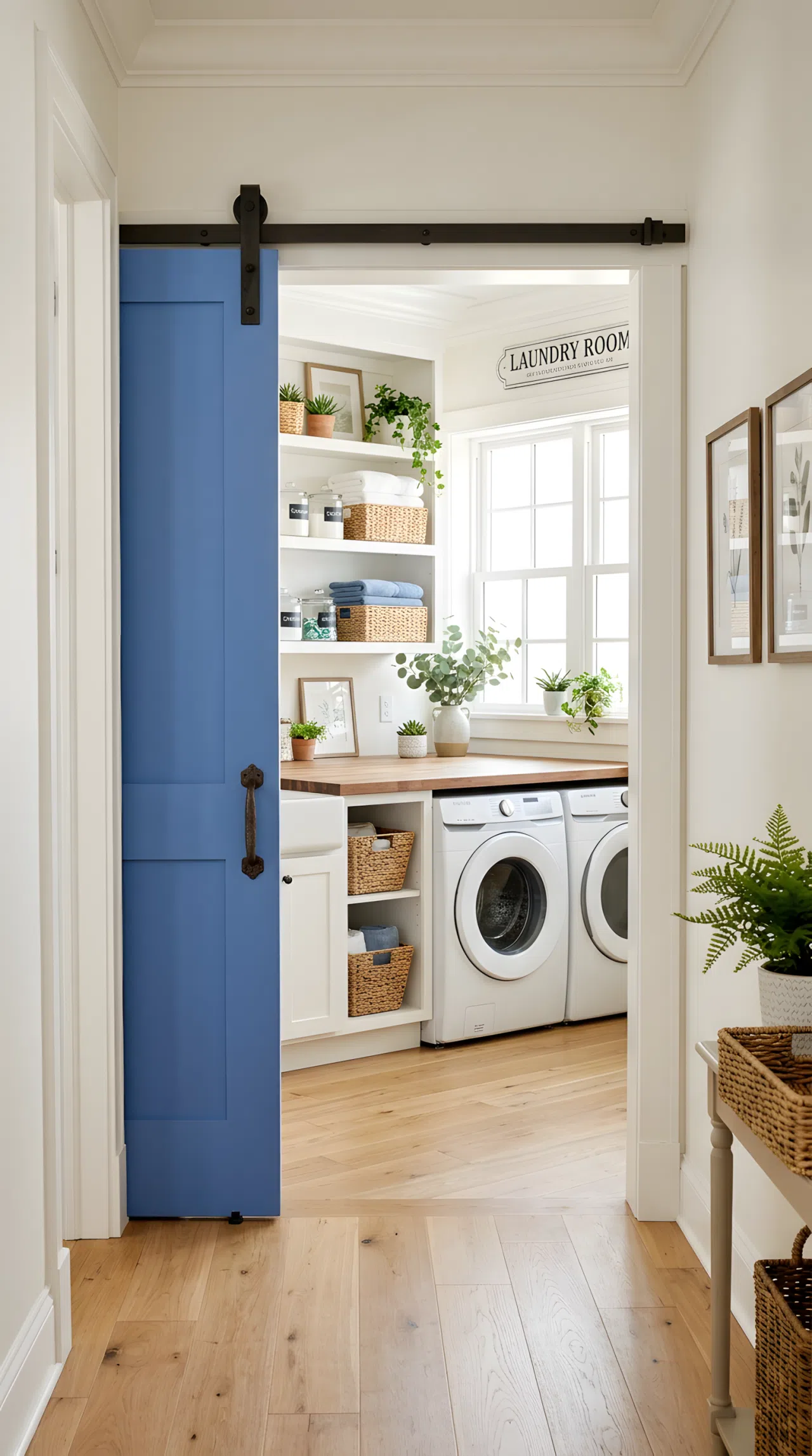 A hallway with a matte cornflower blue sliding barn door (#4C6FB5) and black iron hardware leading into a tidy laundry room, neatly made, beautifully arranged, organized, clean, bright natural light streaming from a nearby window, real-life photography, not a render, vibrant saturated blue, Pinterest-style stock photo