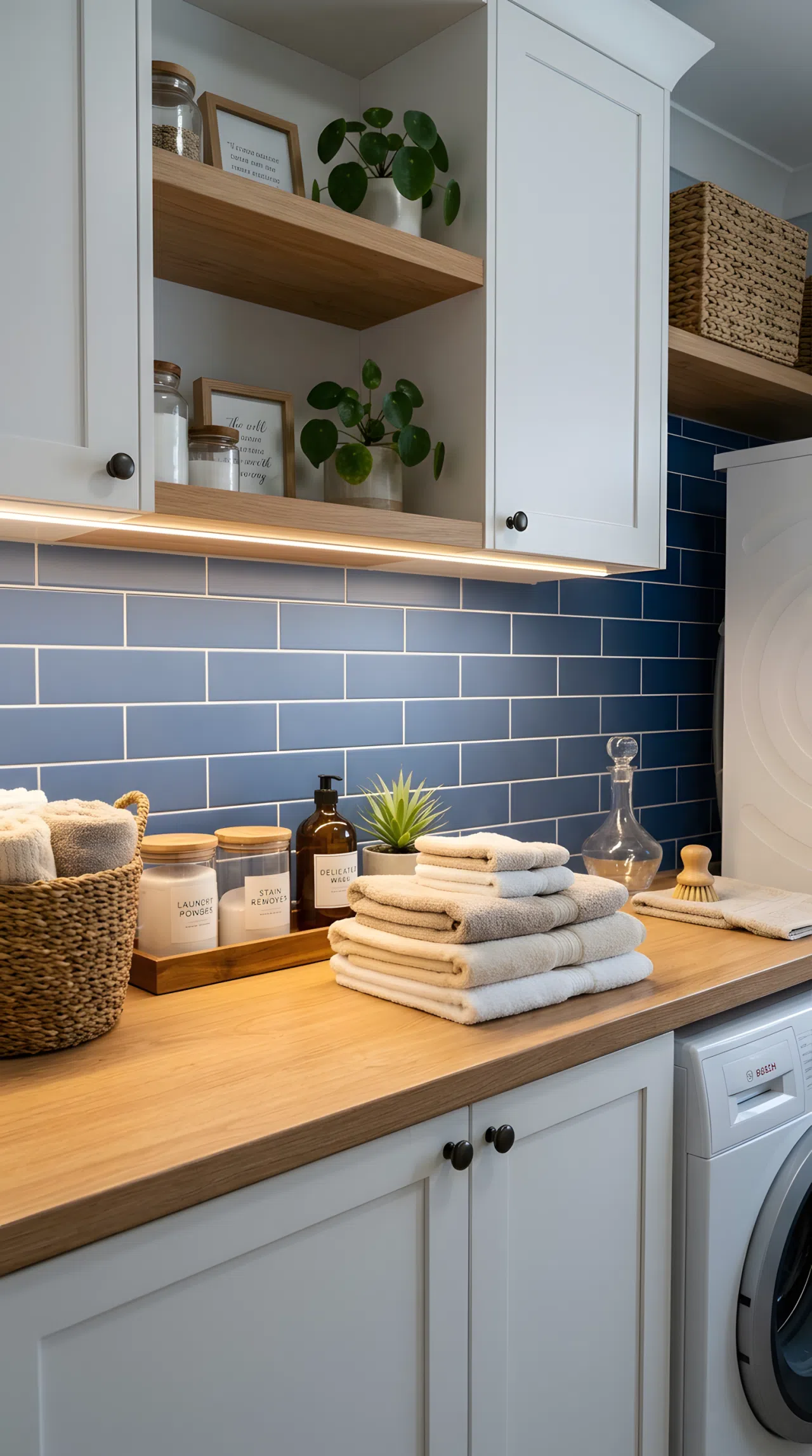 A laundry room counter lit from directly above by a thin LED strip hidden under upper cabinets, warm light angled straight down onto folded towels on the counter, cool blue tile backsplash (#3D5A9C) staying evenly lit behind, neatly made, beautifully arranged, organized, clean, real-life photography, not a studio render, Pinterest-style stock photo