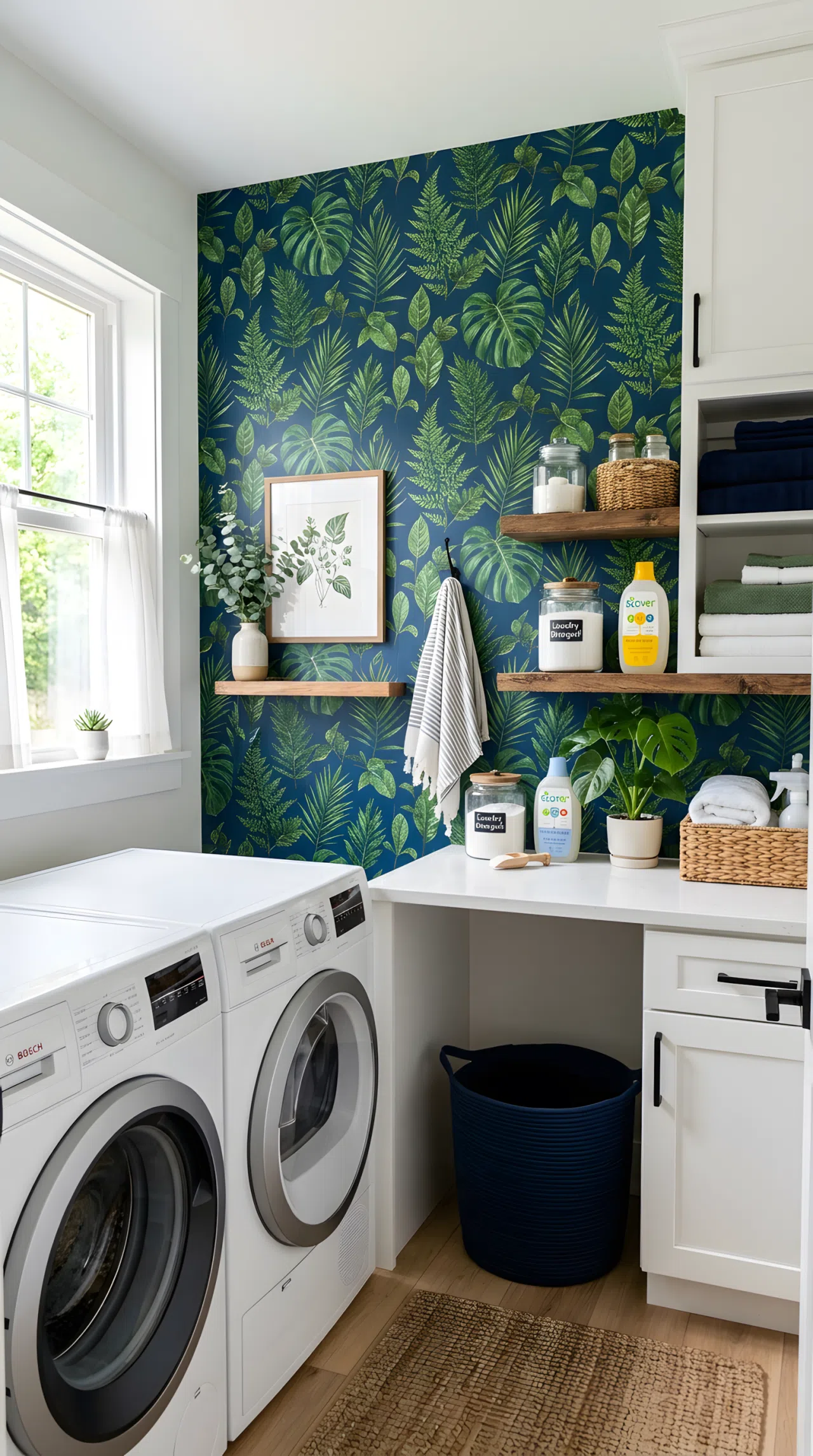 A small laundry room with one accent wall covered in botanical leaf-print peel-and-stick wallpaper on a deep blue background (#1F3F66), plain white counter and cabinets, neatly made, beautifully arranged, organized, clean, bright natural light, real-life photography, not illustration, vibrant green and blue tones, Pinterest-style stock photo