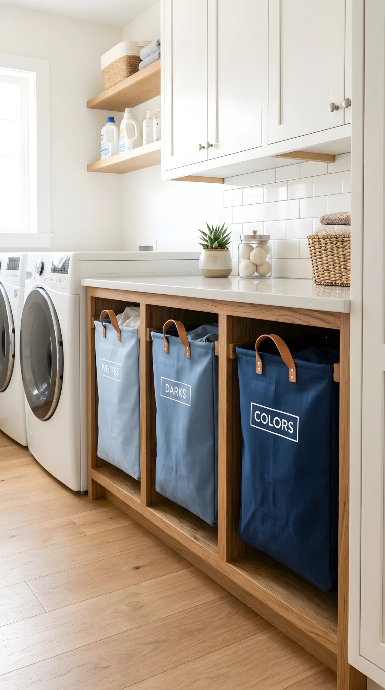 A built-in laundry sorting nook with three labeled fabric bins in gradient blue tones from pale sky (#AFC8E8) to deep navy (#1B3A63), mounted on a wooden frame at counter height, neatly made, beautifully arranged, organized, clean, bright natural light, real-life photography, not 3D render, vibrant color gradient, Pinterest-style stock photo