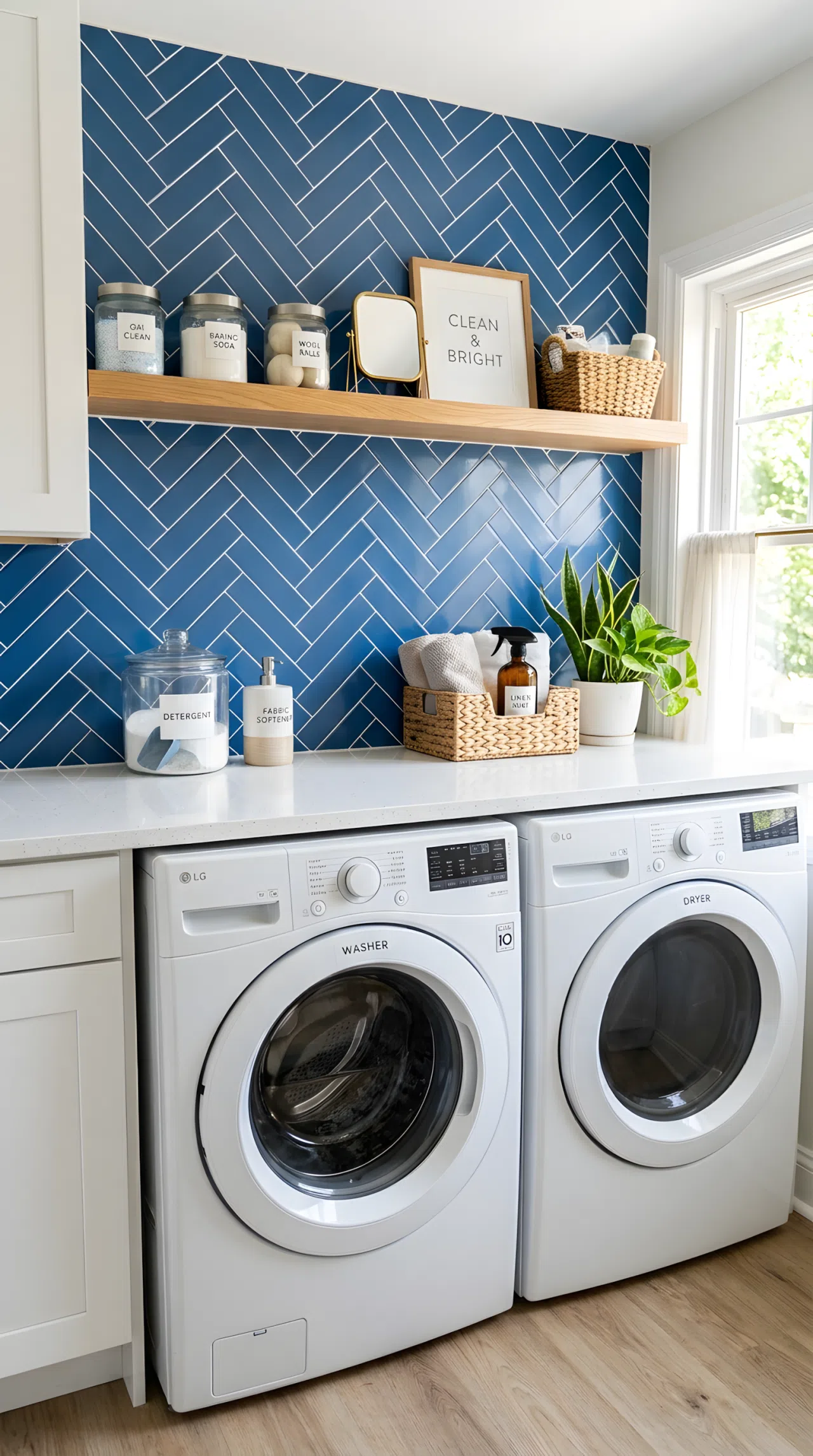 A laundry room wall with blue herringbone subway tile (#3E5F92) and crisp white grout behind a washer and dryer, neatly made surrounding counter, beautifully arranged, organized, clean, bright natural light, real-life photography, not 3D render, vibrant tile color, Pinterest-style stock photo