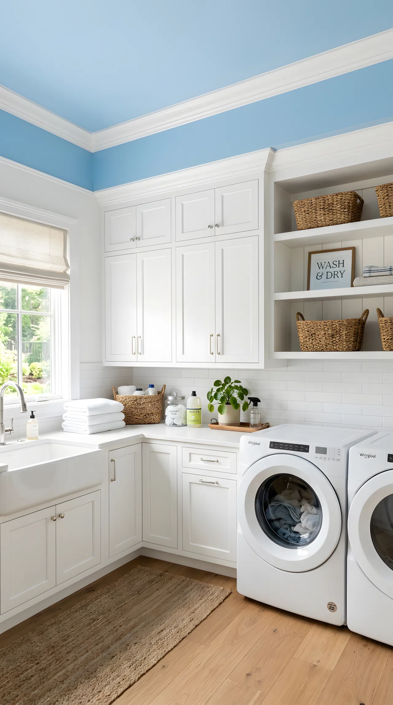 A laundry room with a soft sky blue matte ceiling (#B8D2EA) extending slightly down the crown molding, white walls and cabinetry below, neatly made counter, beautifully arranged, organized, clean, bright natural light, real-life photography, not a studio render, vibrant sky-blue tone, Pinterest-style stock photo