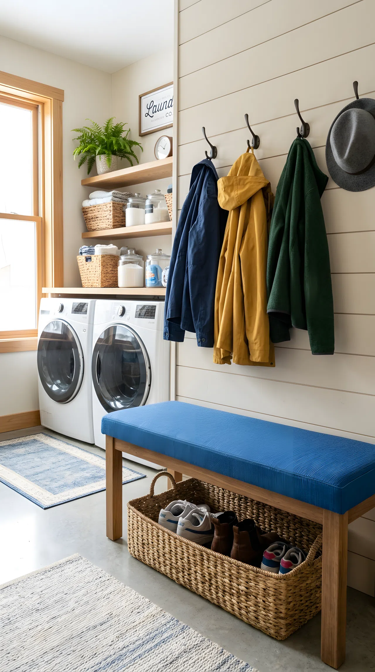 A laundry room with a low bench upholstered in durable blue fabric (#4A6FA5), wall hooks above holding jackets and a woven basket of shoes underneath, neatly made, beautifully arranged, organized, clean, bright natural light, real-life photography, not 3D render, vibrant fabric color, Pinterest-style stock photo