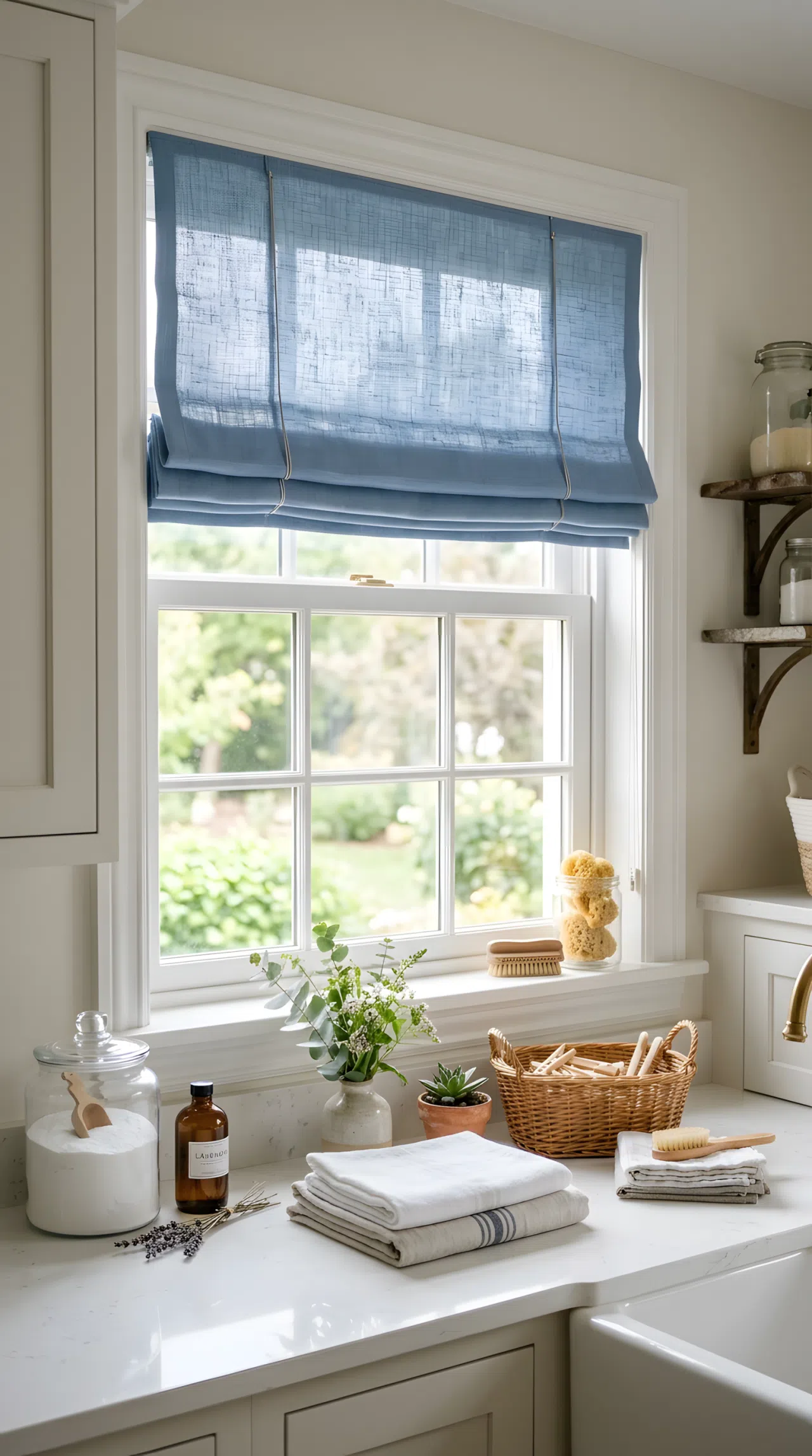 A laundry room window with a soft blue linen roman shade (#6D8FBC) raised halfway, diffused midday light filtering through onto a white counter below, neatly made, beautifully arranged, organized, clean, real-life photography, not a studio render, vibrant soft blue tone, Pinterest-style stock photo