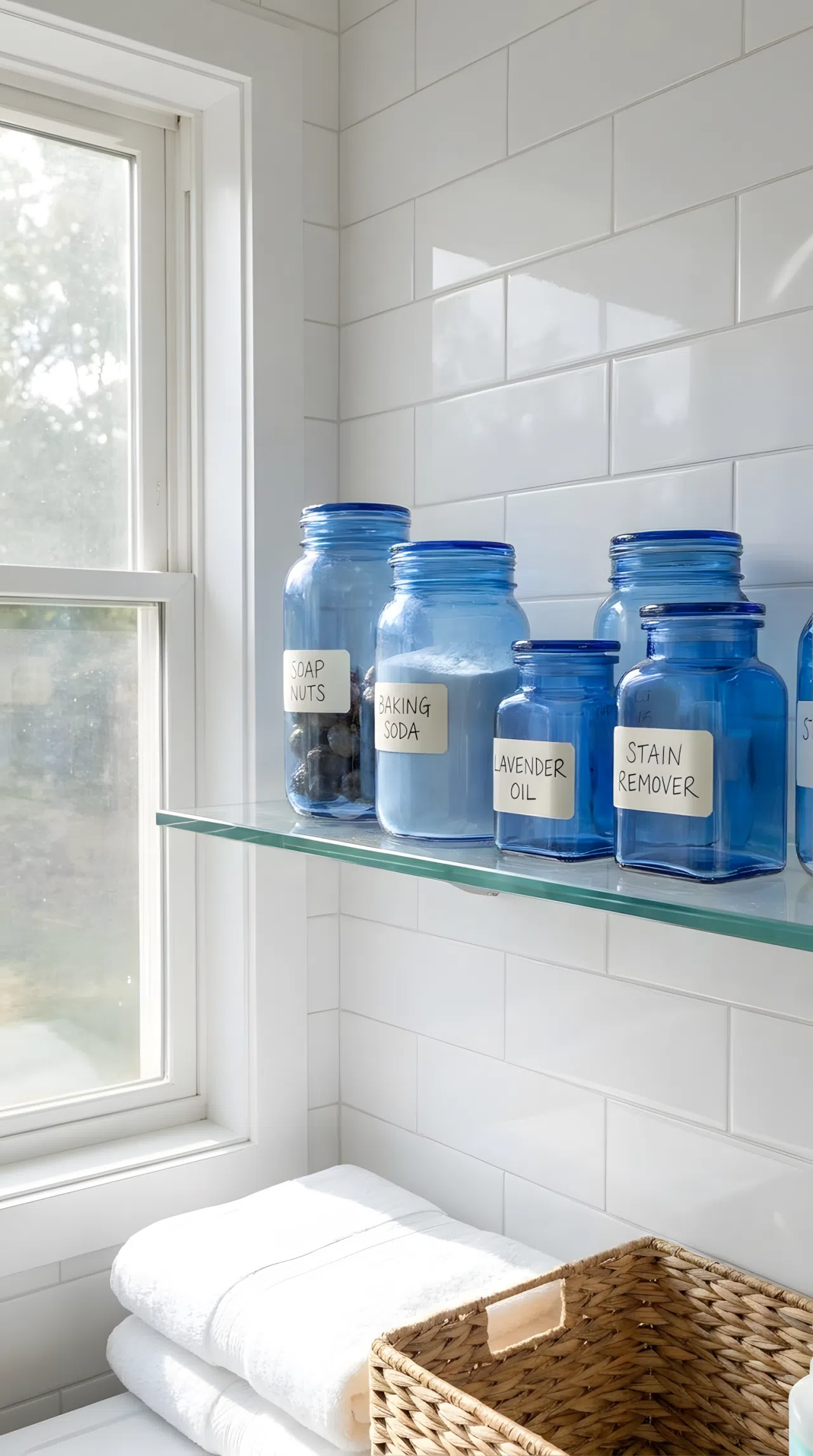 A laundry room floating glass shelf holding several blue-tinted glass jars (#5B7FB0) of varying sizes with handwritten labels, neatly made, beautifully arranged, organized, clean, bright natural light, real-life photography, not illustration, vibrant blue glass tones, Pinterest-style stock photo