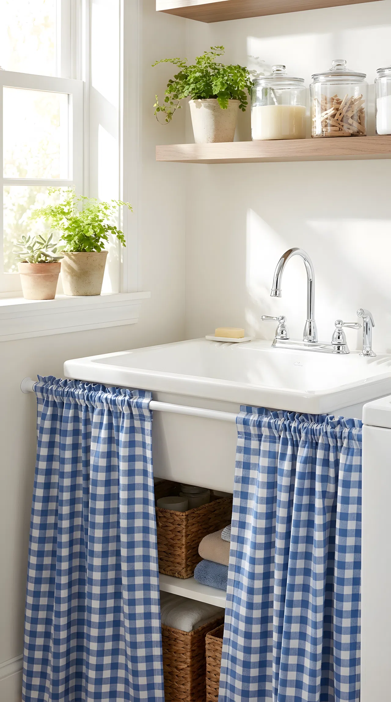 A laundry room utility sink with a gathered blue and white gingham curtain (#5E7FB3 check pattern) hung on a tension rod concealing storage underneath, neatly made, beautifully arranged, organized, clean, bright natural light, real-life photography, not 3D render, vibrant gingham pattern, Pinterest-style stock photo
