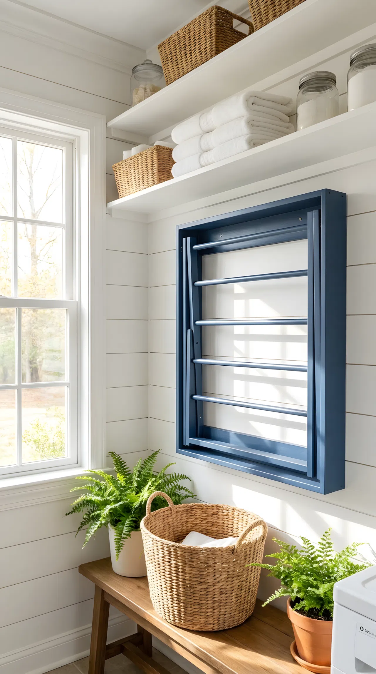 A laundry room wall-mounted retractable drying rack with a deep blue painted wooden frame (#2F4E7E), folded flat against the wall near a sunlit window, neatly made, beautifully arranged, organized, clean, bright natural light, real-life photography, not a render, vibrant blue frame, Pinterest-style stock photo