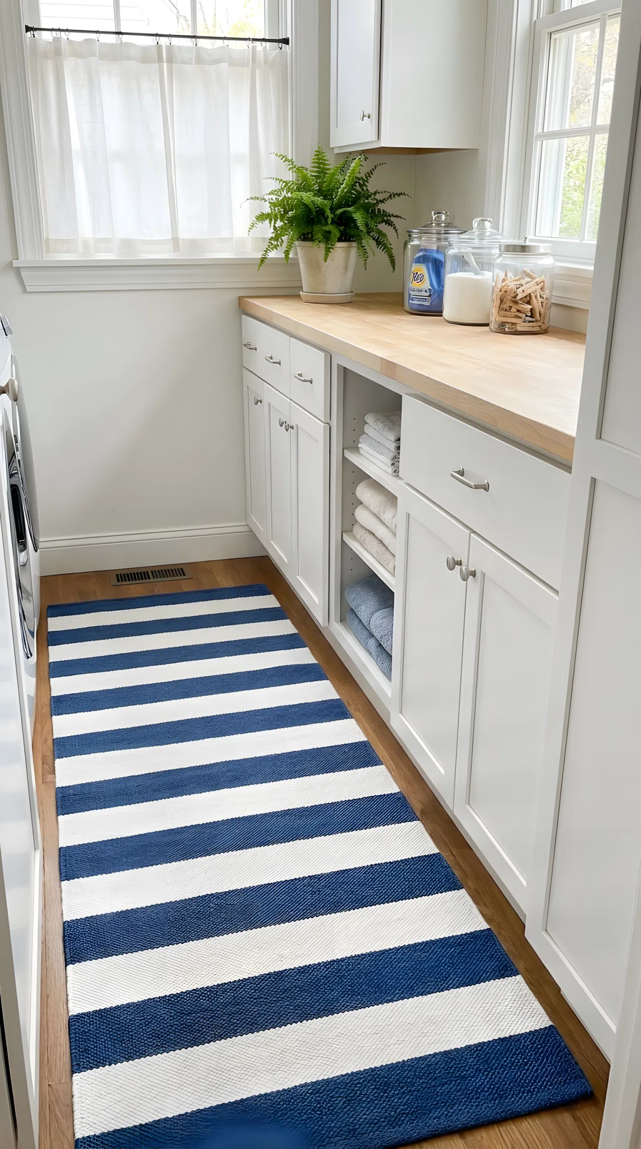 A narrow laundry room with a blue and white striped washable runner rug (#3C5C93 and #FFFFFF) laid along the floor in front of the counter, neatly made, beautifully arranged, organized, clean, bright natural light, real-life photography, not illustration, vibrant striped pattern, Pinterest-style stock photo