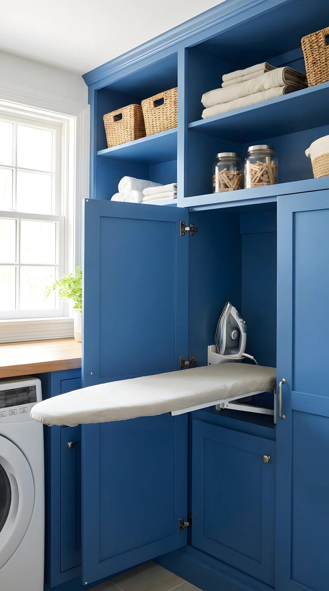 A laundry room built-in cabinet with a flat blue door (#44659A) open to reveal a fold-down ironing board and iron inside, surrounding cabinetry matching, neatly made, beautifully arranged, organized, clean, bright natural light, real-life photography, not 3D render, vibrant blue panel, Pinterest-style stock photo
