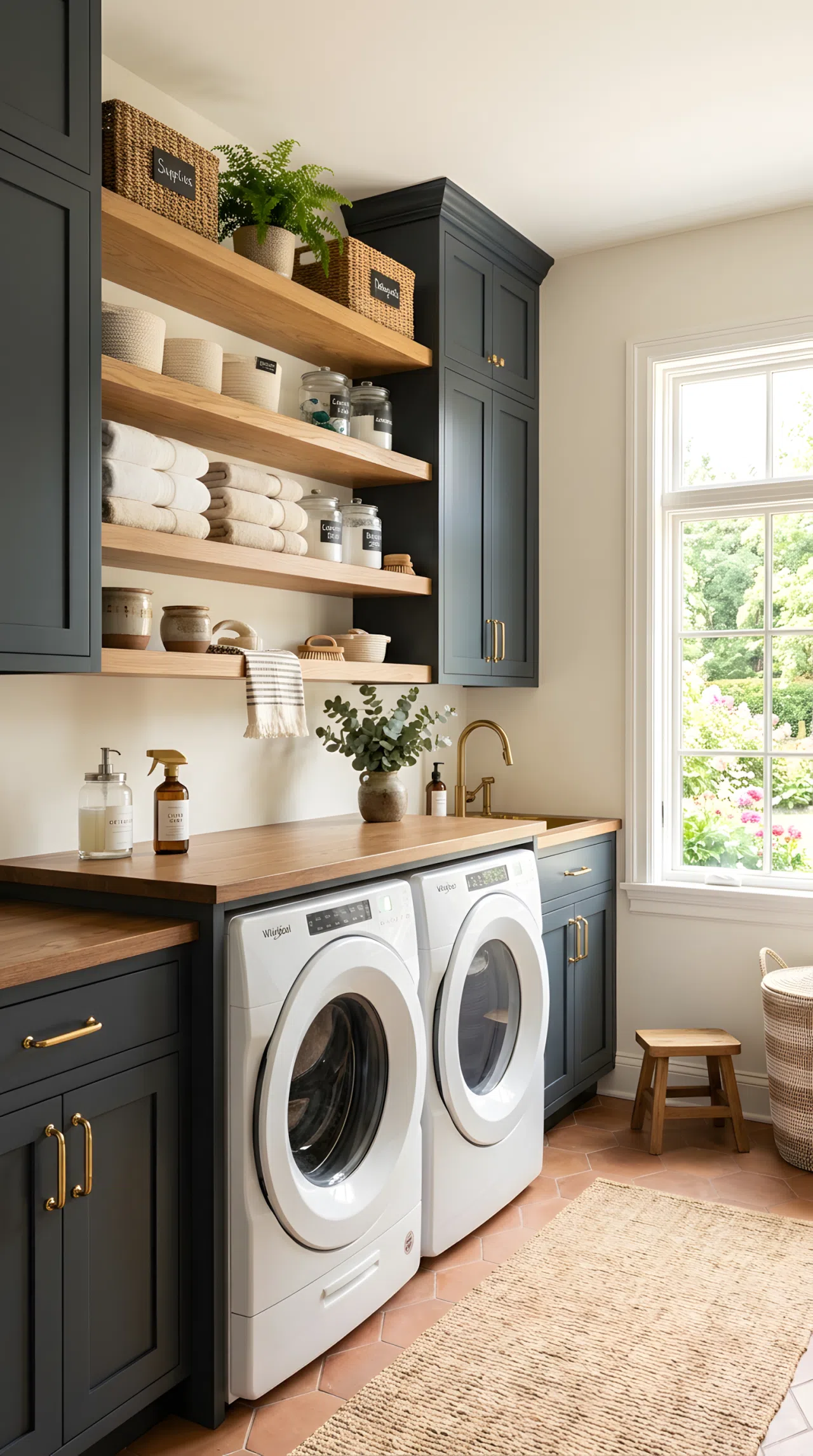 A real-life laundry room with charcoal shaker cabinets (#36454F) and brass hardware, neatly organized open shelves, folded linens beautifully arranged, bright natural light streaming through a window, clean stock-photo style, vibrant warm tones.