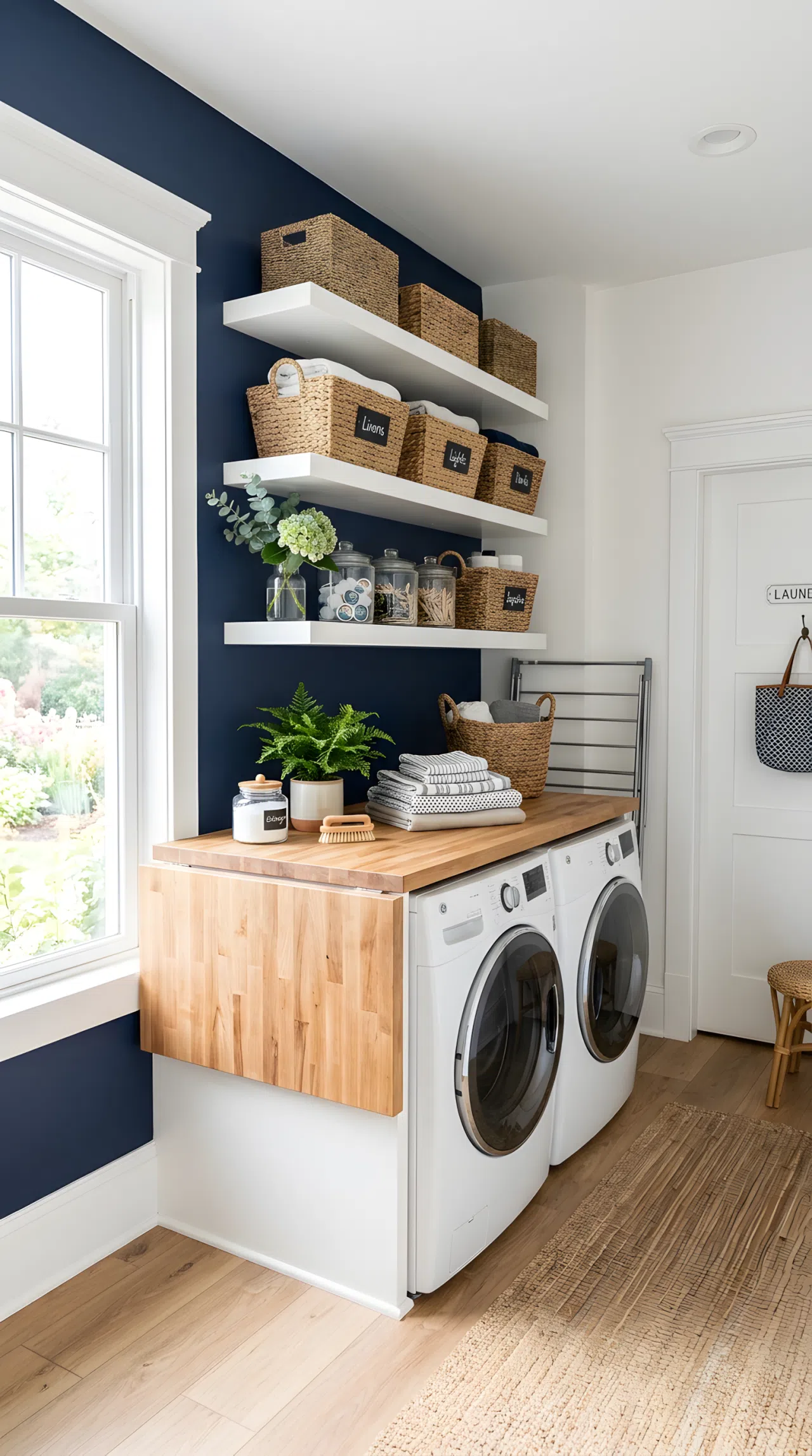 A real-life laundry room with a navy blue accent wall (#1E2A47) and crisp white trim, woven baskets neatly arranged on open shelves, a butcher block folding counter beautifully organized, bright natural light, clean vibrant stock-photo style.