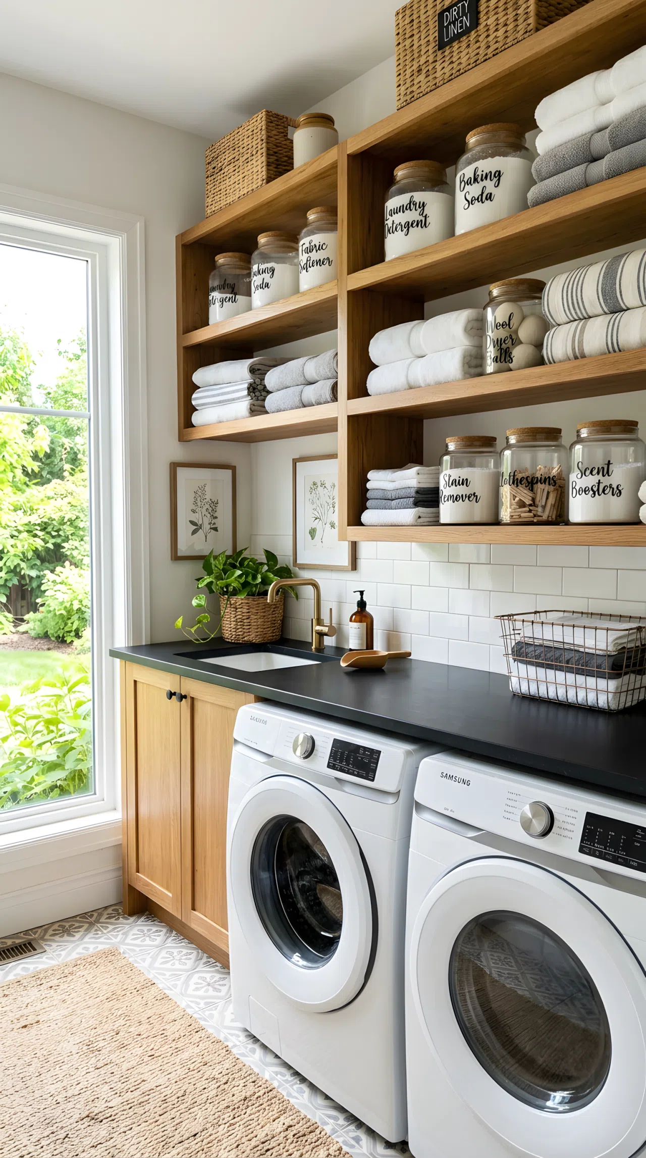 A real-life laundry room with a matte black countertop (#1C1C1C) and warm wood open shelving, labeled glass jars neatly arranged, folded towels beautifully organized, bright natural light, clean vibrant stock-photo style.