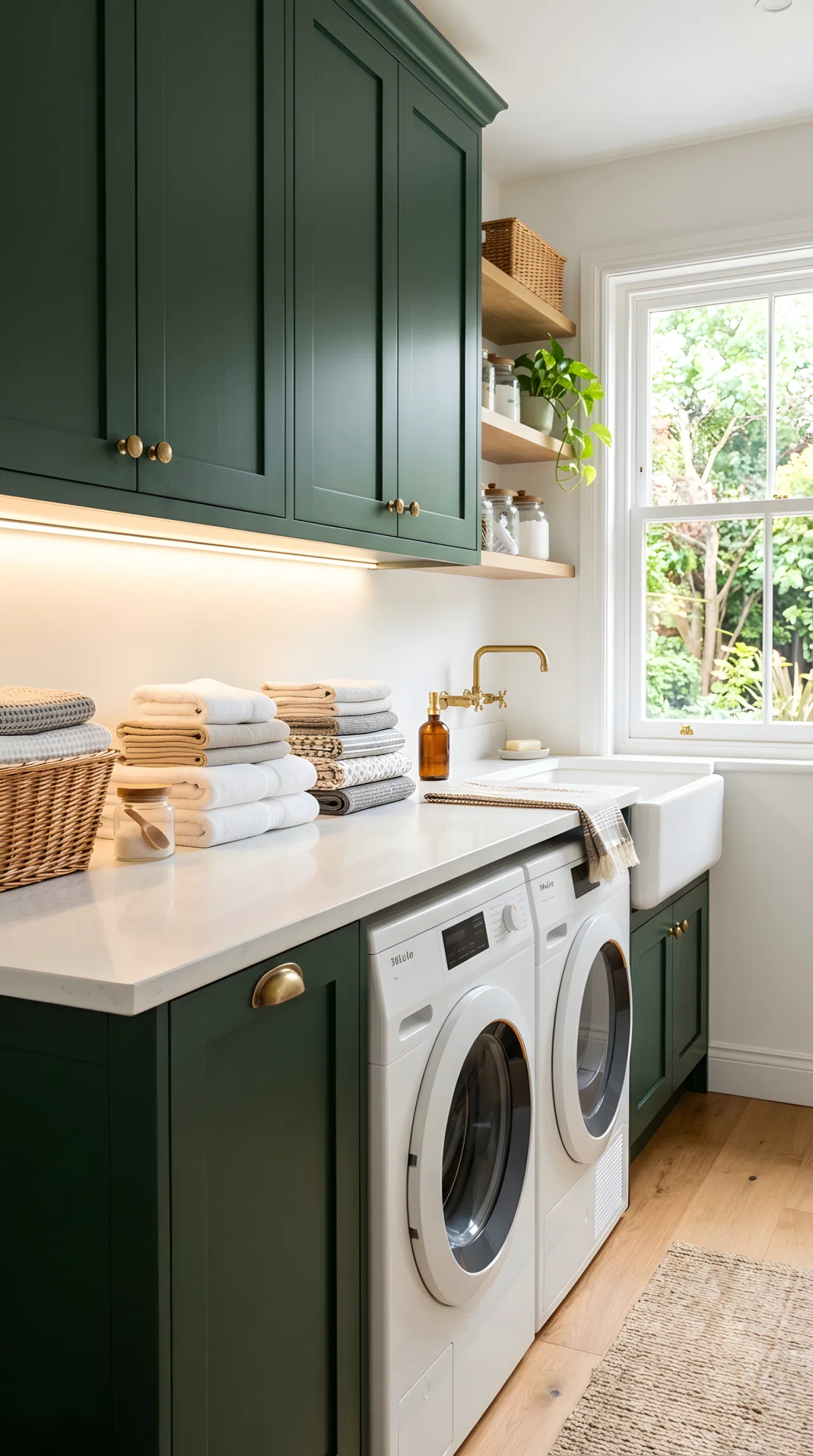 A real-life laundry room with deep forest green cabinetry (#1B3A2B) and brass fixtures, an under-cabinet light strip glowing above the folding counter casting shadow-free light exactly on the work surface, neatly folded linens beautifully arranged, bright natural light from a nearby window, clean vibrant stock-photo style.