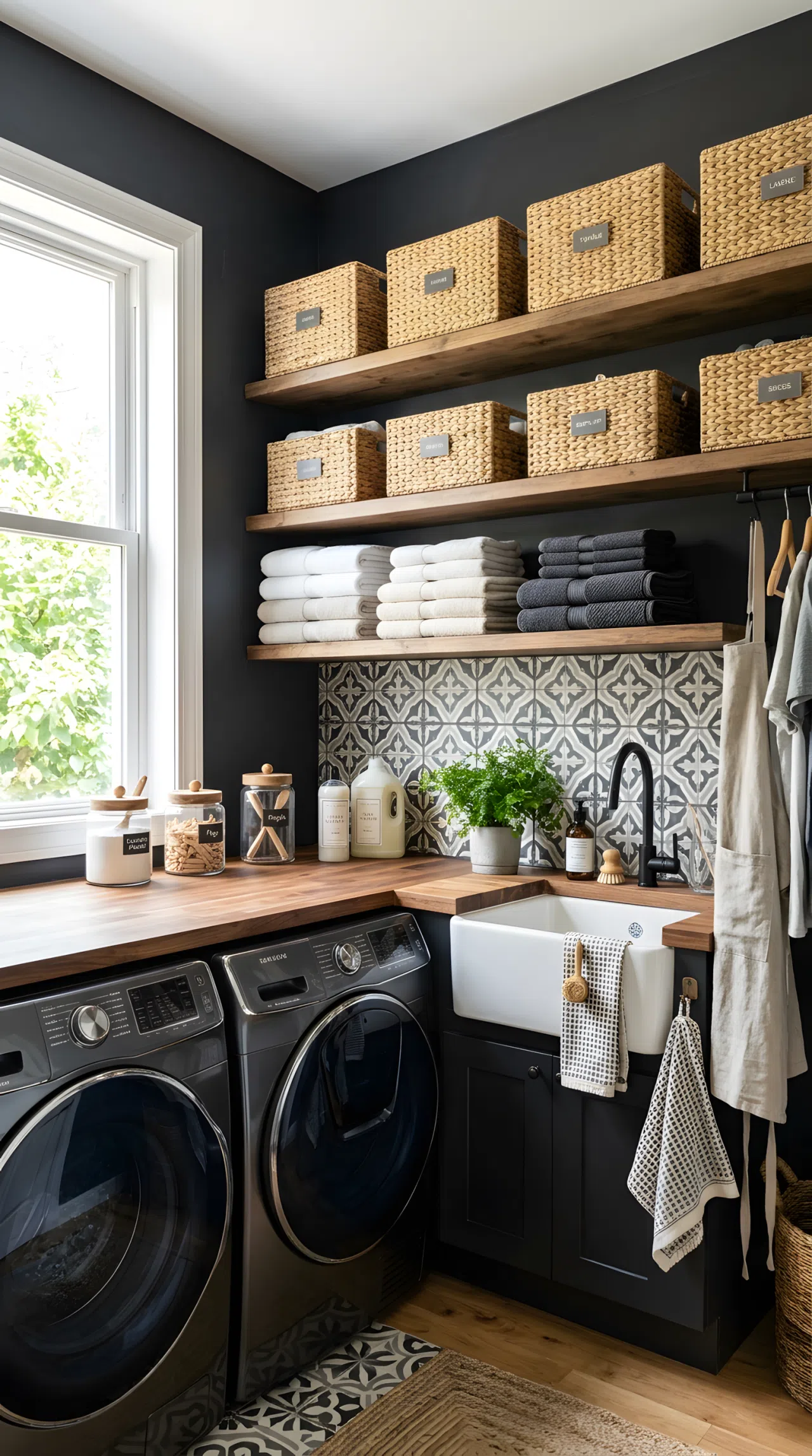 A real-life laundry room with moody graphite walls (#2B2B2E) and a patterned tile backsplash behind the sink, open shelves with matching woven baskets neatly organized, folded towels beautifully arranged, bright natural light, clean vibrant stock-photo style.