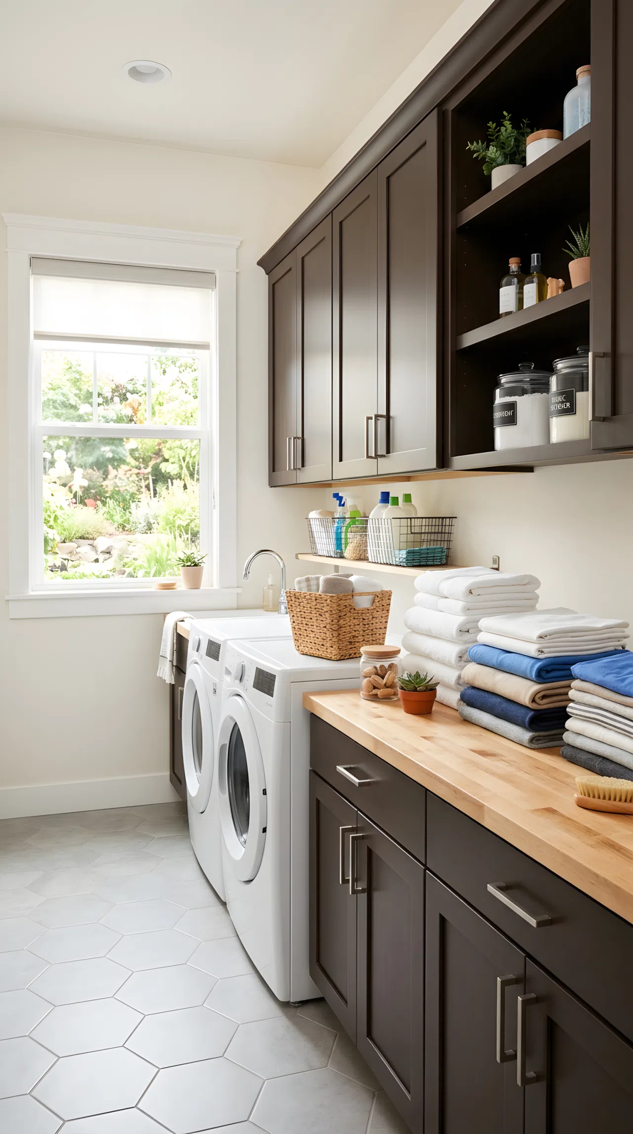 A real-life laundry room with espresso brown cabinets (#3B2A1E) and a light butcher block folding station, neatly folded laundry beautifully arranged on the counter, bright natural light streaming in, clean vibrant stock-photo style.