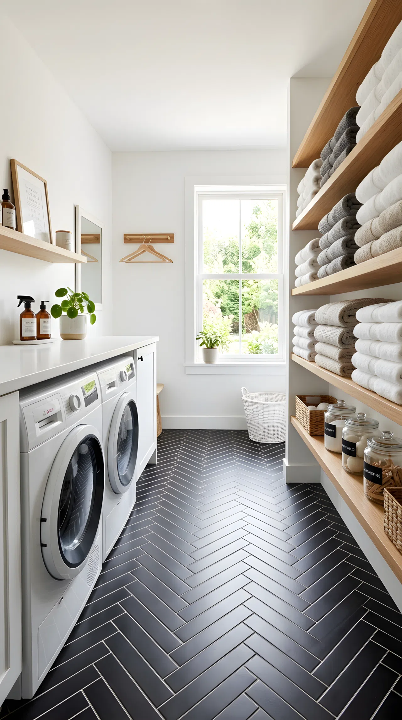 A real-life laundry room with black herringbone floor tile and crisp white walls, neatly organized shelving with folded towels beautifully arranged, bright natural light highlighting the tile pattern, clean vibrant stock-photo style.