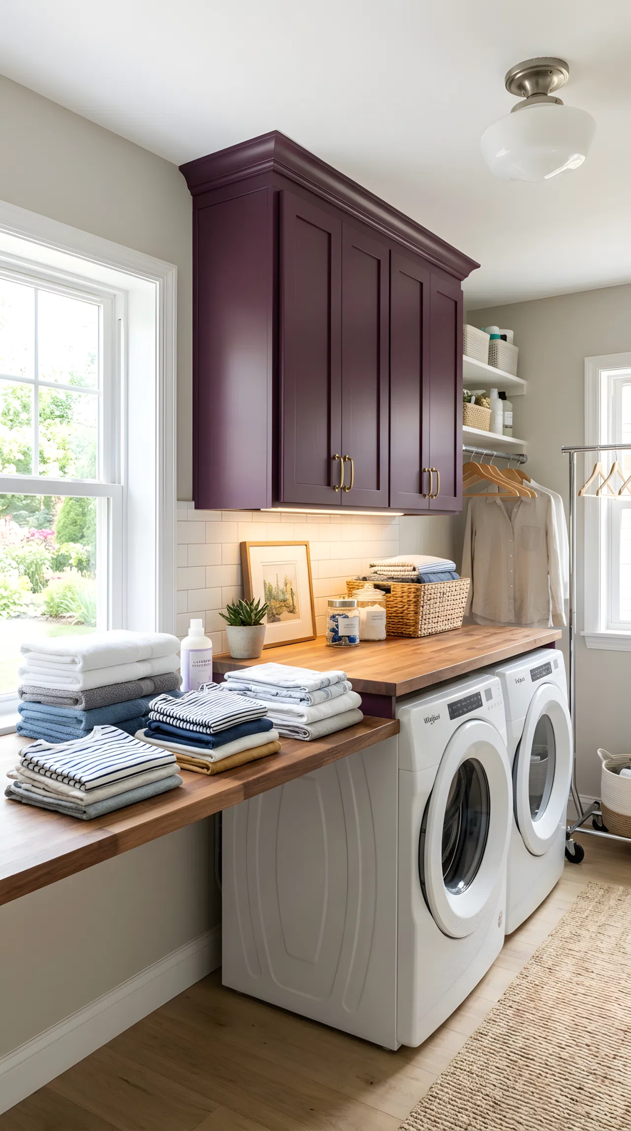 A real-life laundry room with a deep plum accent cabinet (#4B2840) and layered lighting with an overhead fixture plus an under-shelf light strip focused directly on the folding counter free of shadows, neatly folded clothes beautifully arranged, bright natural light, clean vibrant stock-photo style.