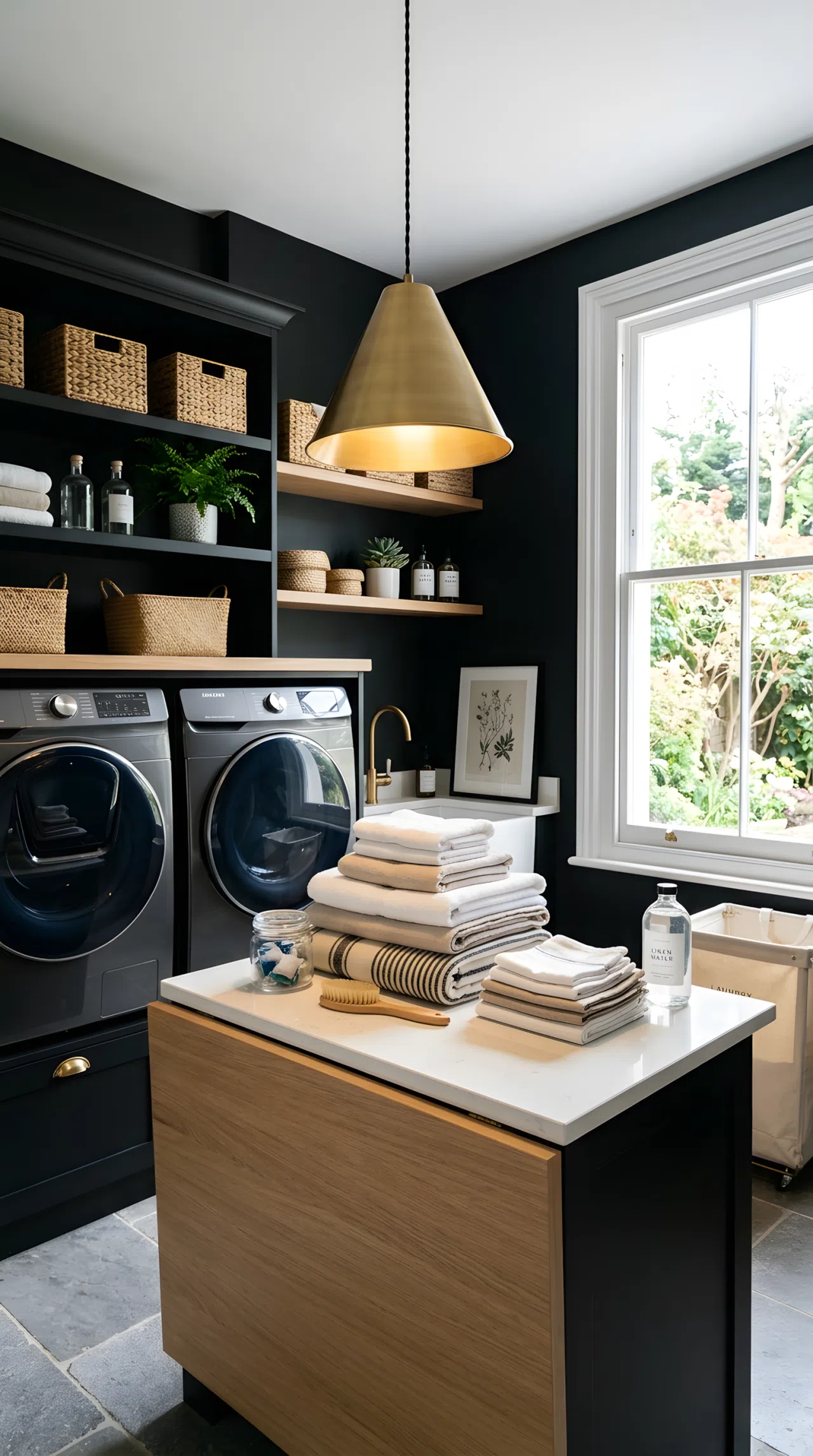 A real-life laundry room with onyx black walls (#0F0F0F) and a brass pendant light hanging directly above the folding counter casting warm focused light on the work surface, neatly arranged folded linens, bright natural light from a window, clean vibrant stock-photo style.