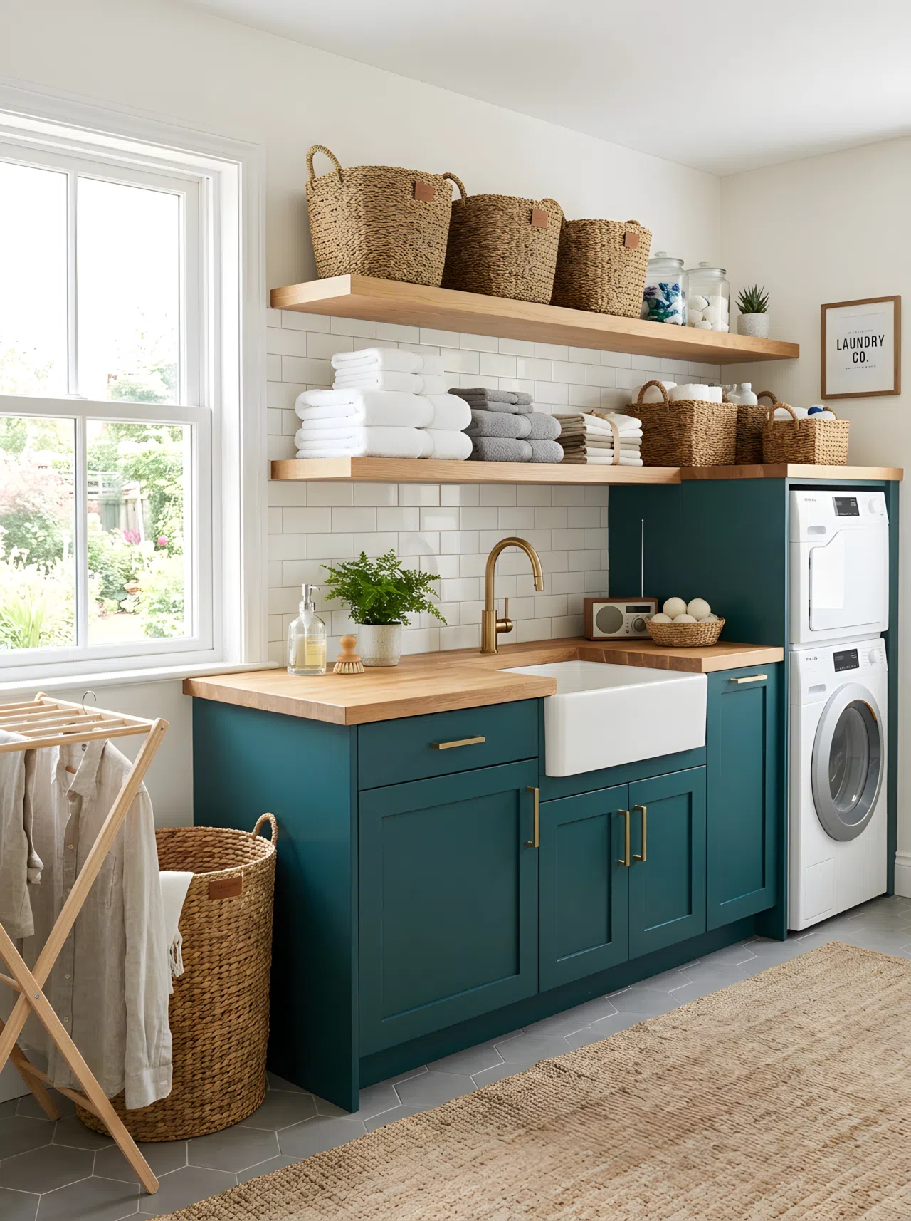 A real-life laundry room with deep teal cabinets (#1B4B4B) and woven baskets neatly arranged on open wood shelving, folded towels beautifully organized nearby, bright natural light, clean vibrant stock-photo style.