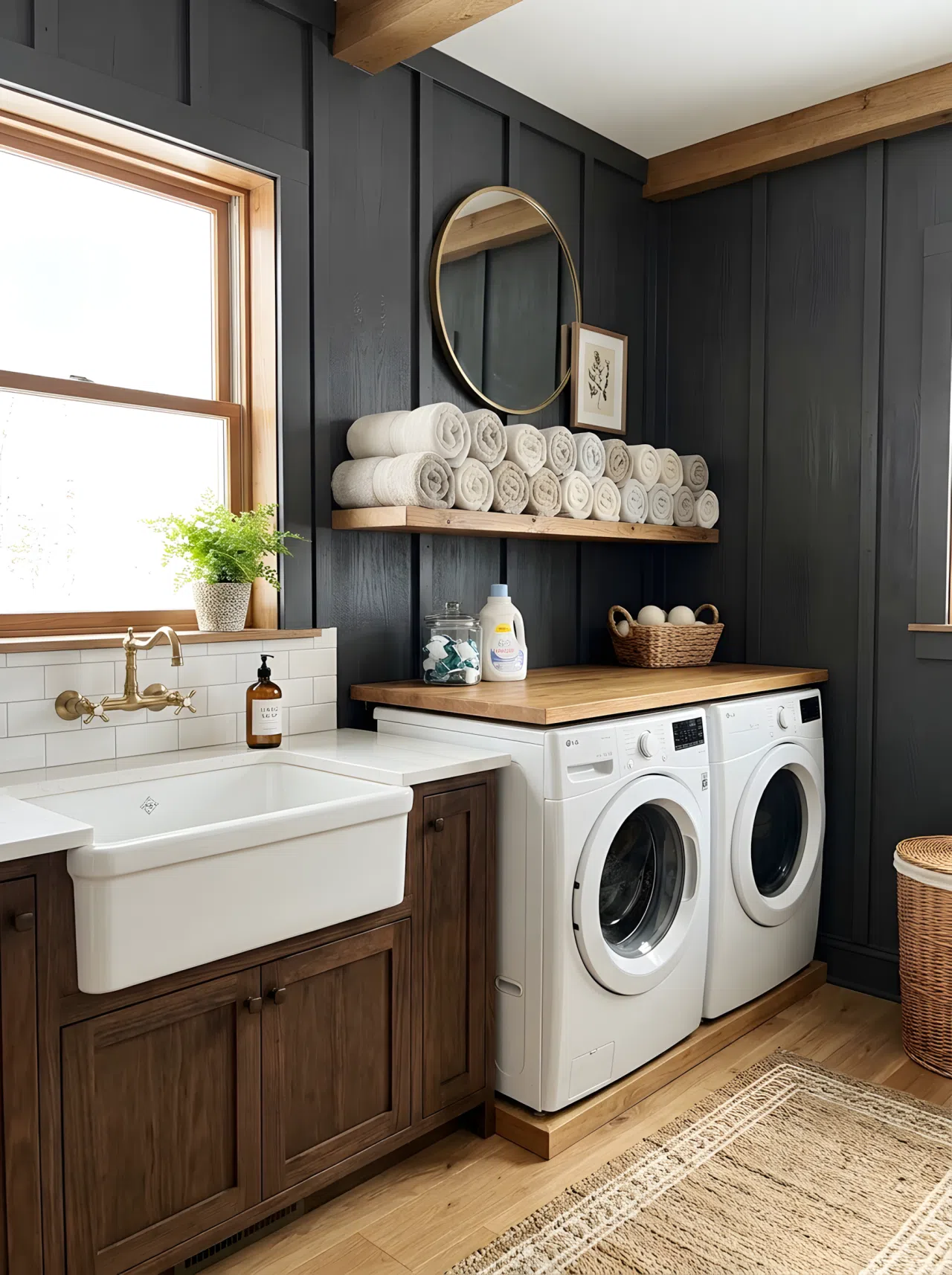 A real-life laundry room with charcoal board and batten walls (#2E2E2E) and a vintage farmhouse sink, neatly arranged linen towels beautifully folded on an open shelf nearby, bright natural light, clean vibrant stock-photo style.