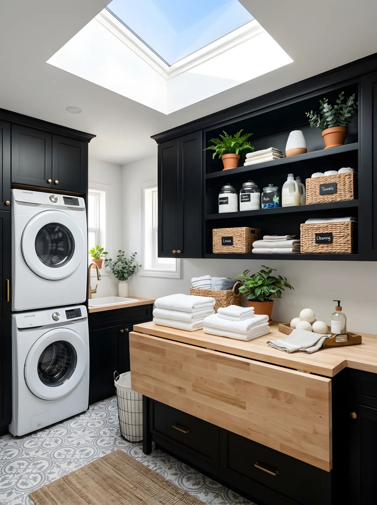 A real-life laundry room with black cabinetry and a skylight positioned directly above the folding counter, soft daylight pouring down and illuminating the work surface clearly, neatly organized shelves beautifully arranged, vibrant clean stock-photo style.