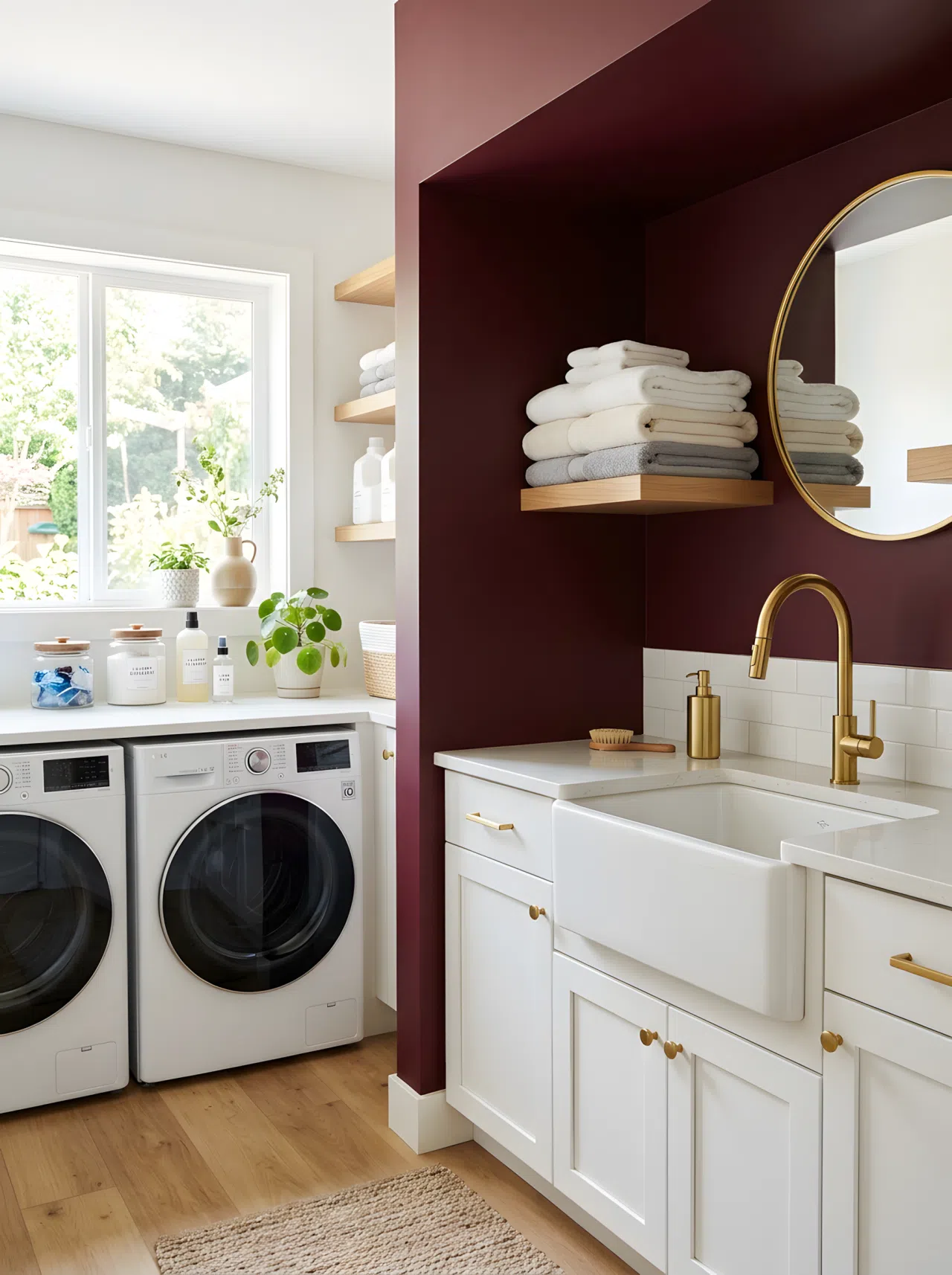 A real-life laundry room with a deep burgundy accent nook (#5C1F2E) and gold fixtures, neatly folded towels beautifully arranged on a small open shelf, bright natural light, clean vibrant stock-photo style.