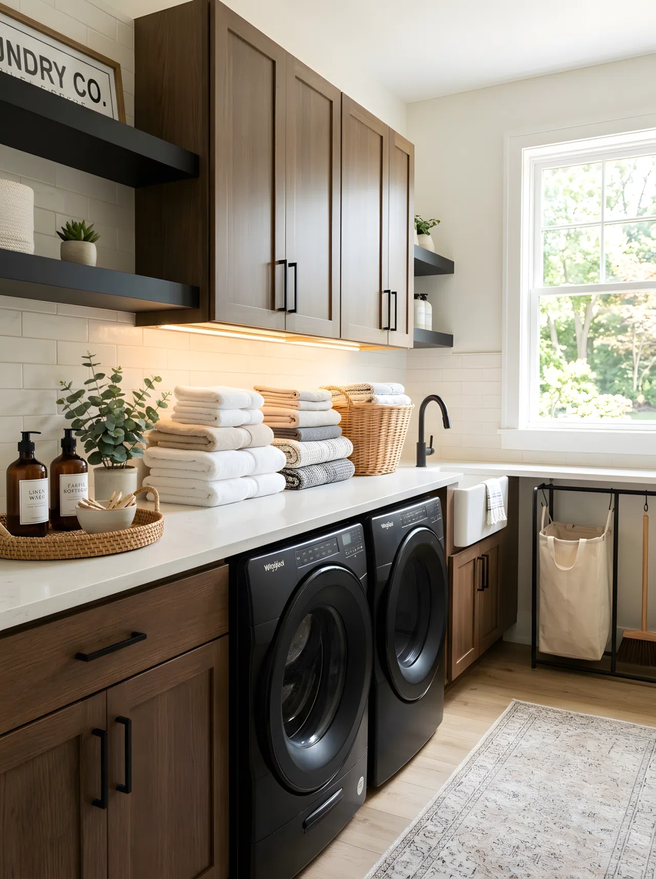 A real-life laundry room with matte black appliances and a warm under-cabinet LED light strip glowing softly onto the counter below, neatly folded laundry beautifully arranged, bright natural light through a nearby window, clean vibrant stock-photo style.