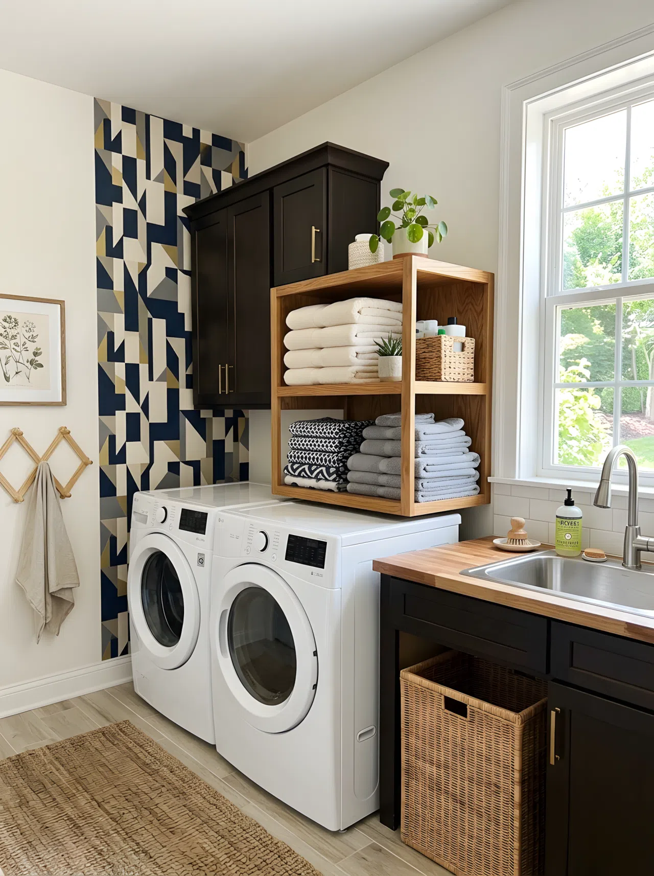 A real-life laundry room with espresso cabinets (#2E1D13) and a bold geometric wallpaper accent wall, neatly folded towels beautifully arranged on an open shelf, bright natural light, clean vibrant stock-photo style.